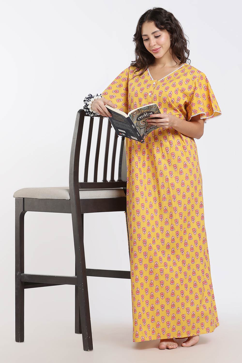 Naidu Hall Printed Cotton Nighty for Women – Full Length Flared A-Line Sleepwear with Lace V-Neck & Button Placket | Comfortable Daily Wear Nighty
- NB44