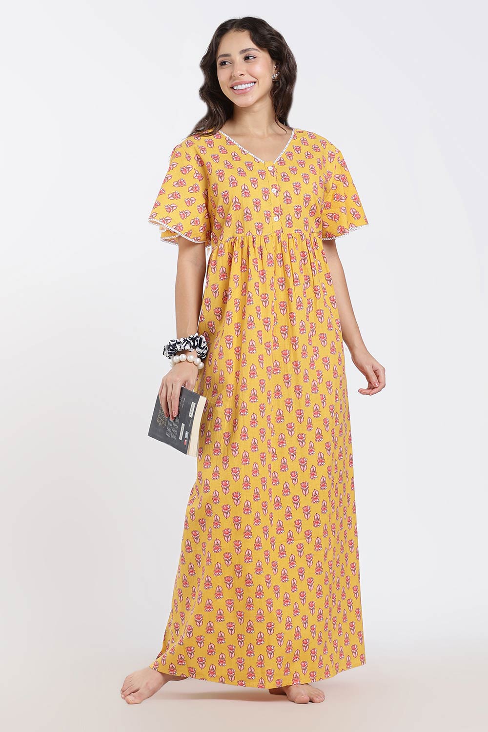 Naidu Hall Printed Cotton Nighty for Women – Full Length Flared A-Line Sleepwear with Lace V-Neck & Button Placket | Comfortable Daily Wear Nighty
- NB44