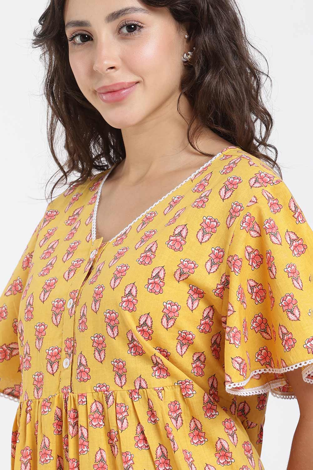 Naidu Hall Printed Cotton Nighty for Women – Full Length Flared A-Line Sleepwear with Lace V-Neck & Button Placket | Comfortable Daily Wear Nighty
- NB44