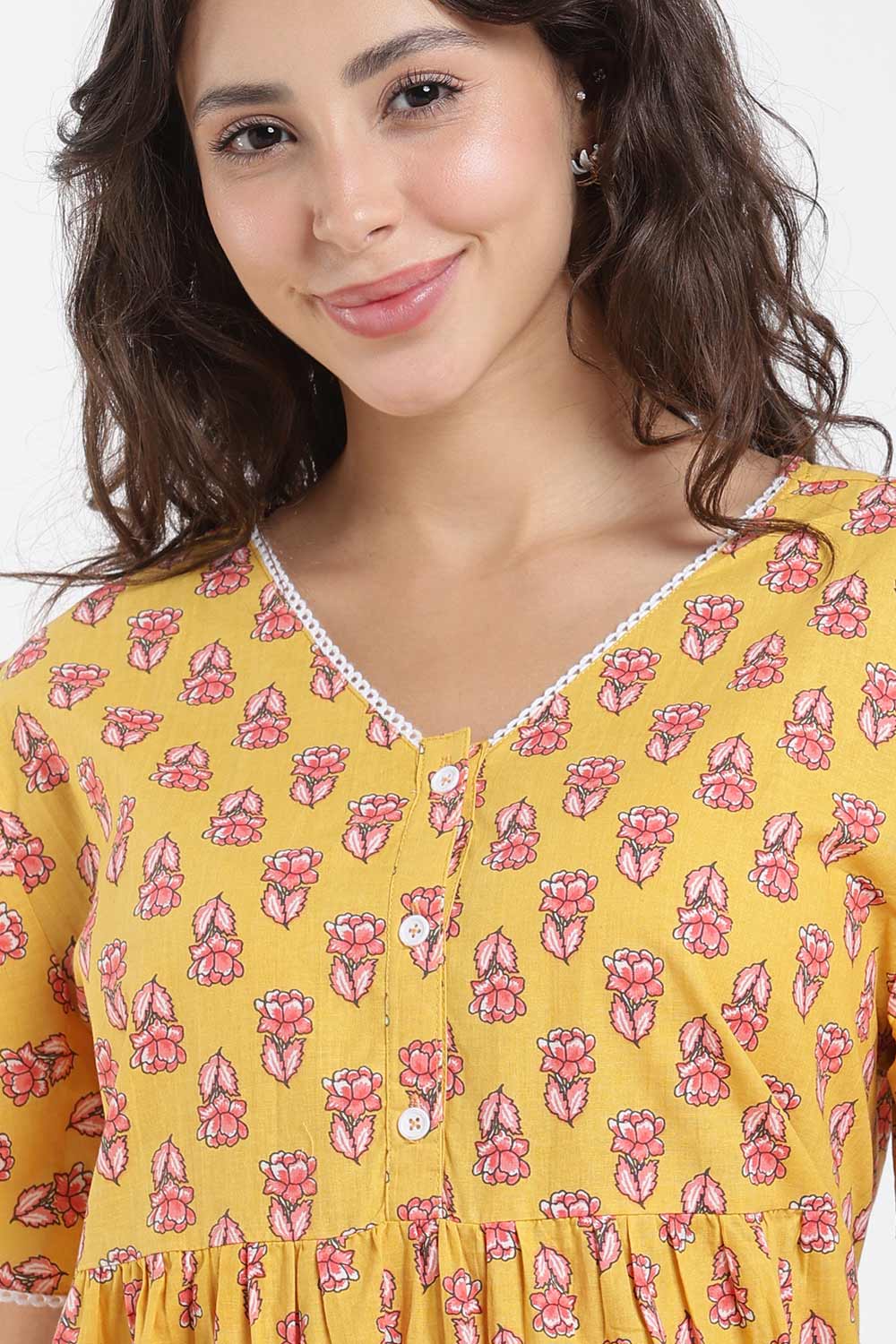 Naidu Hall Printed Cotton Nighty for Women – Full Length Flared A-Line Sleepwear with Lace V-Neck & Button Placket | Comfortable Daily Wear Nighty
- NB44