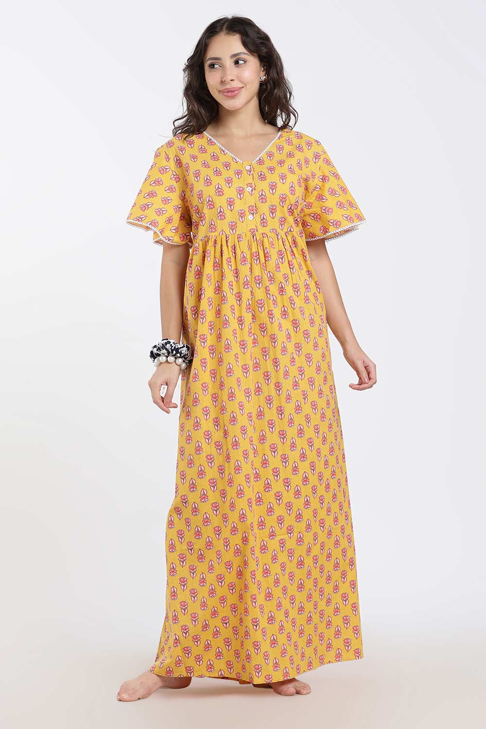 Naidu Hall Printed Cotton Nighty for Women – Full Length Flared A-Line Sleepwear with Lace V-Neck & Button Placket | Comfortable Daily Wear Nighty
- NB44