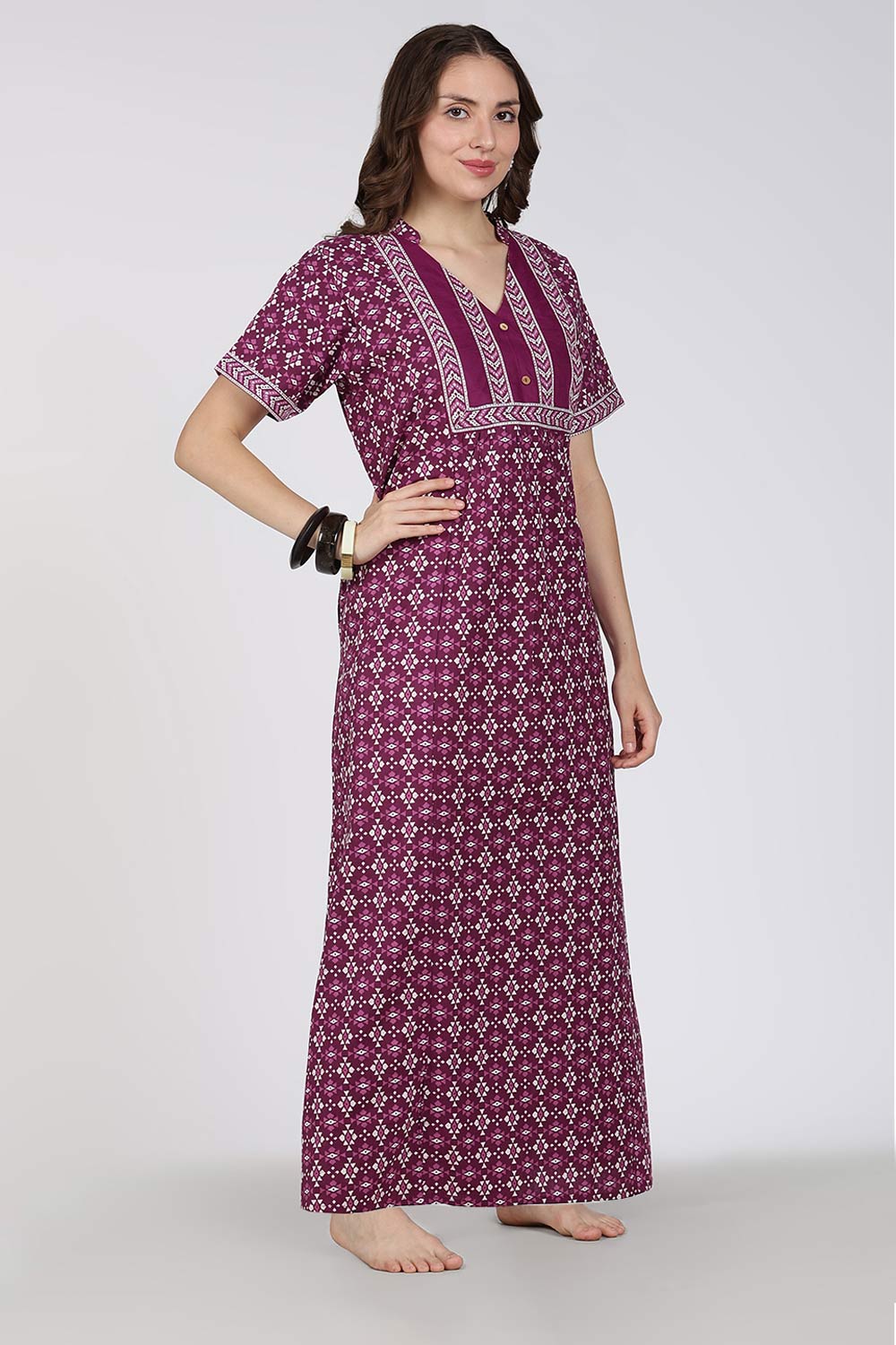 Naidu Hall Printed Cotton Nighty for Women – Full Length Relax Fit Sleepwear with Mandarin Collar & Panel Design | Comfortable Daily Wear Nighty
- NB45