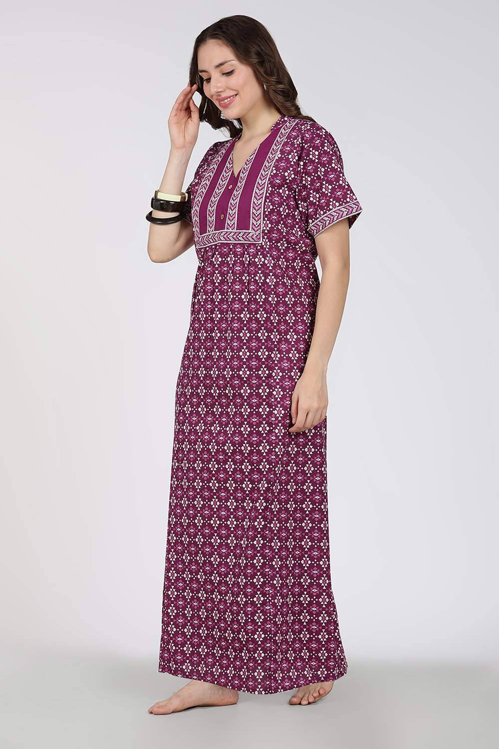 Naidu Hall Printed Cotton Nighty for Women – Full Length Relax Fit Sleepwear with Mandarin Collar & Panel Design | Comfortable Daily Wear Nighty
- NB45