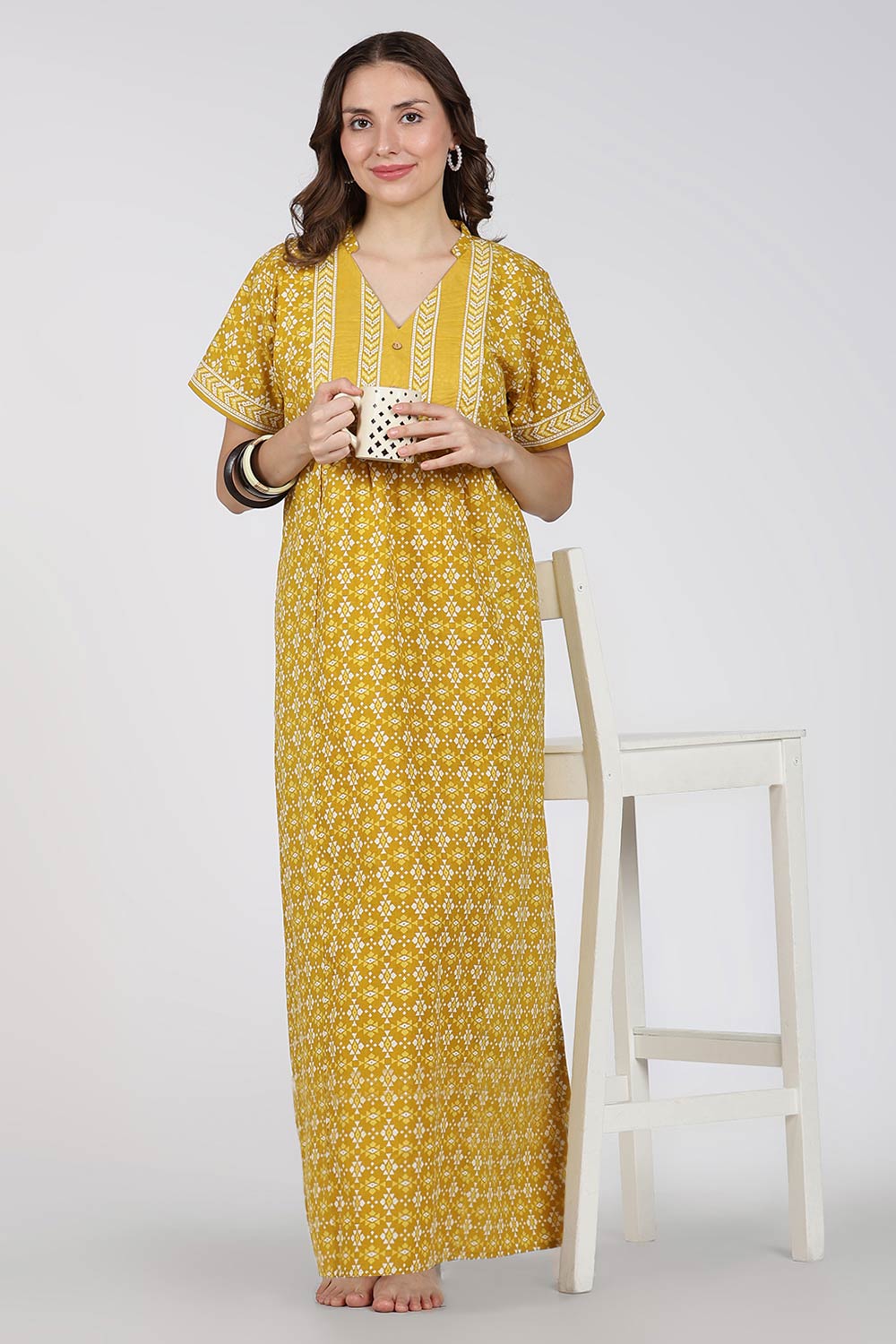 Naidu Hall Printed Cotton Nighty for Women – Full Length Relax Fit Sleepwear with Mandarin Collar & Panel Design | Comfortable Daily Wear Nighty
- NB45