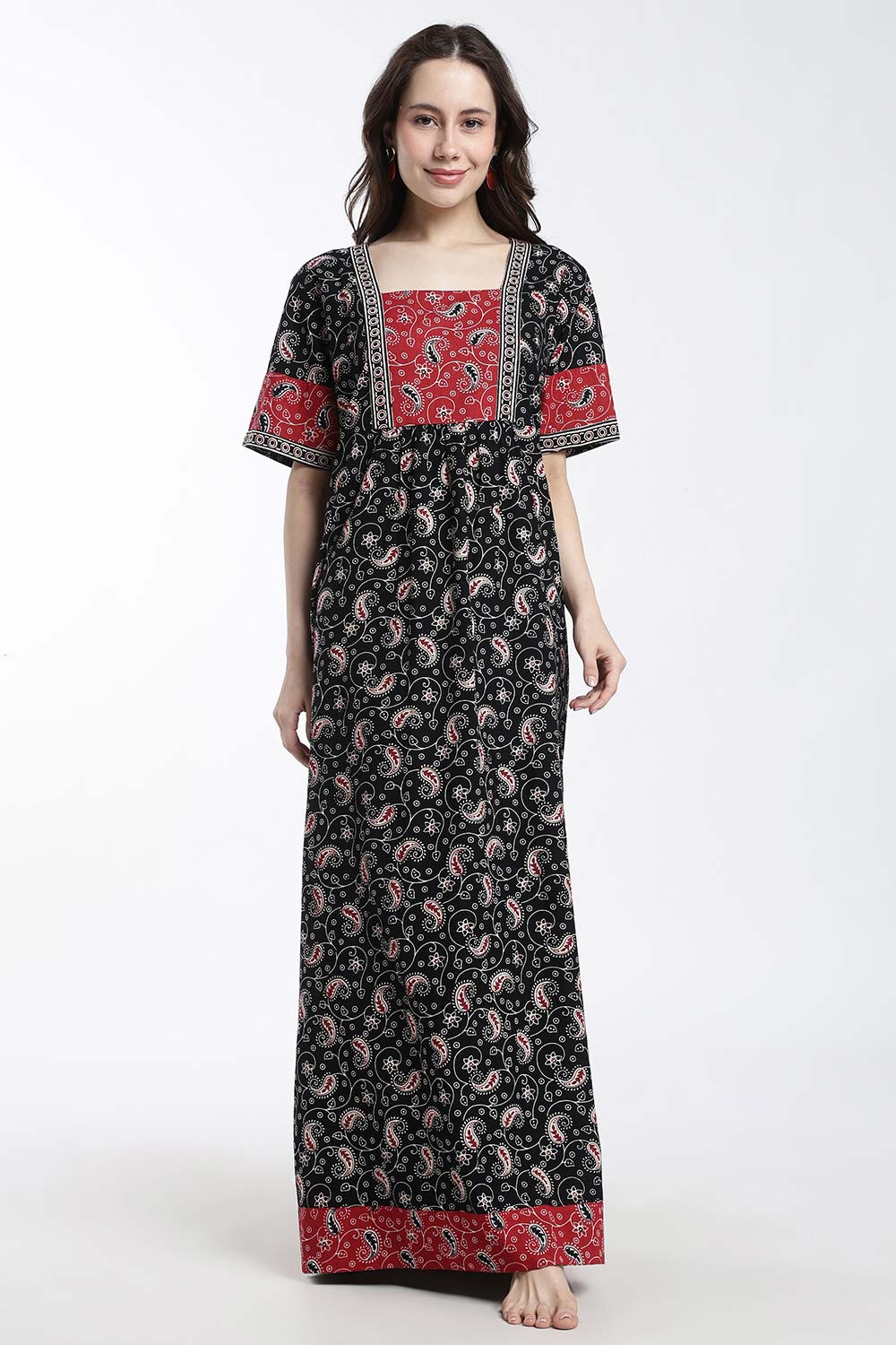 Naidu Hall Women’s Printed Cotton Nighty – Full Length Box Neck Nighty with Underbust Gathers & Patchwork Detail | Daily Wear Sleepwear for Women
- NB47
