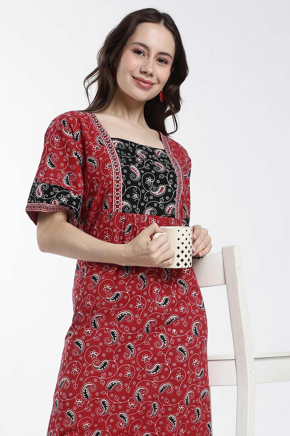 Naidu Hall Women’s Printed Cotton Nighty – Full Length Box Neck Nighty with Underbust Gathers & Patchwork Detail | Daily Wear Sleepwear for Women
- NB47