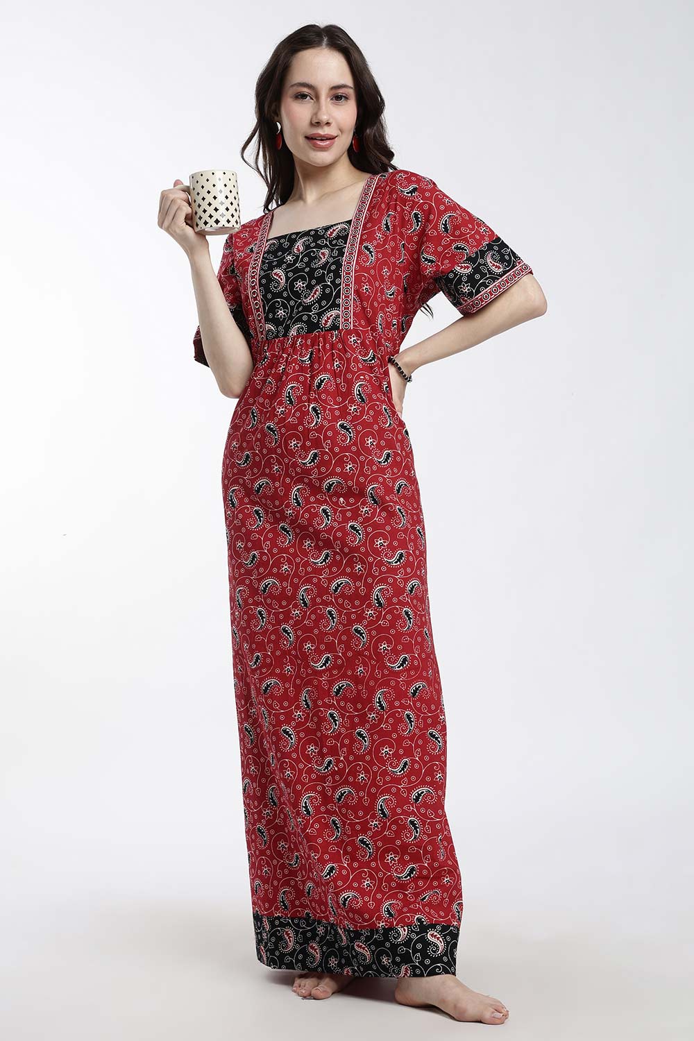 Naidu Hall Women’s Printed Cotton Nighty – Full Length Box Neck Nighty with Underbust Gathers & Patchwork Detail | Daily Wear Sleepwear for Women
- NB47