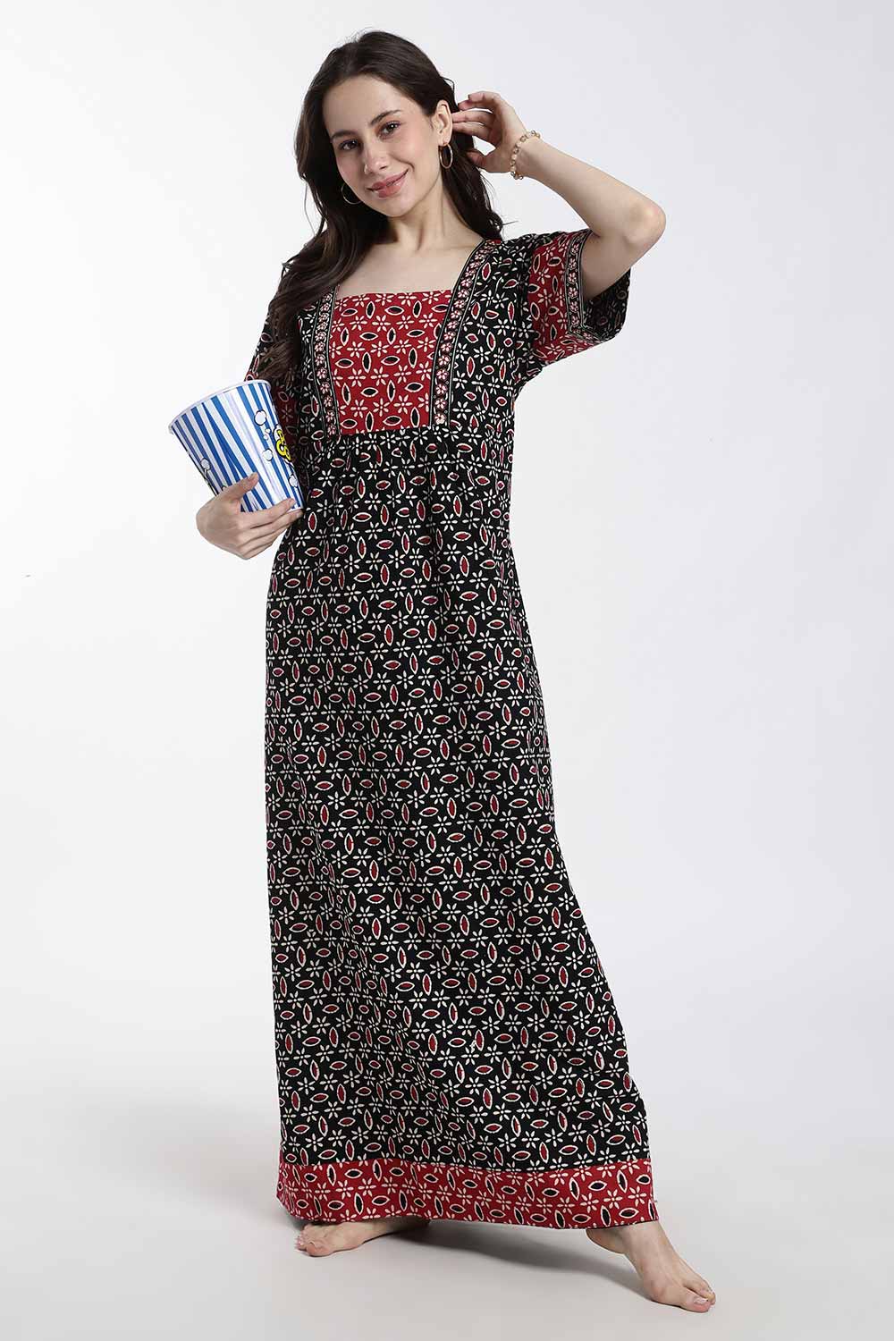 Naidu Hall Women’s Printed Cotton Nighty – Full Length Box Neck Nightdress with Patchwork Detail | Comfortable Women’s Sleepwear
- NB48