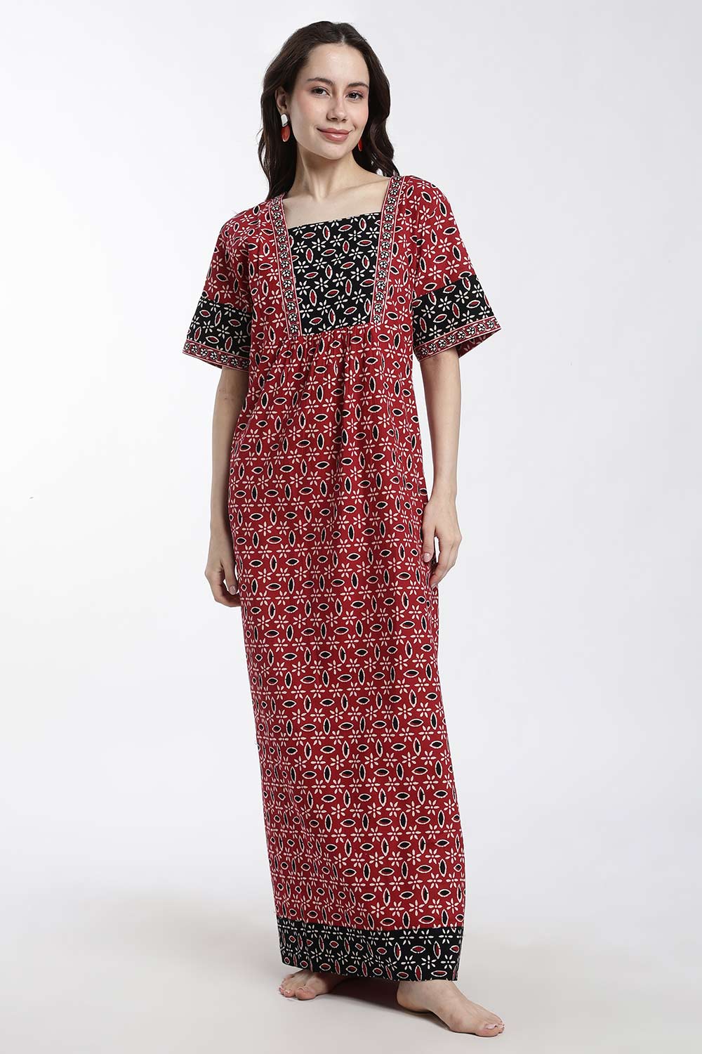 Naidu Hall Women’s Printed Cotton Nighty – Full Length Box Neck Nightdress with Patchwork Detail | Comfortable Women’s Sleepwear
- NB48