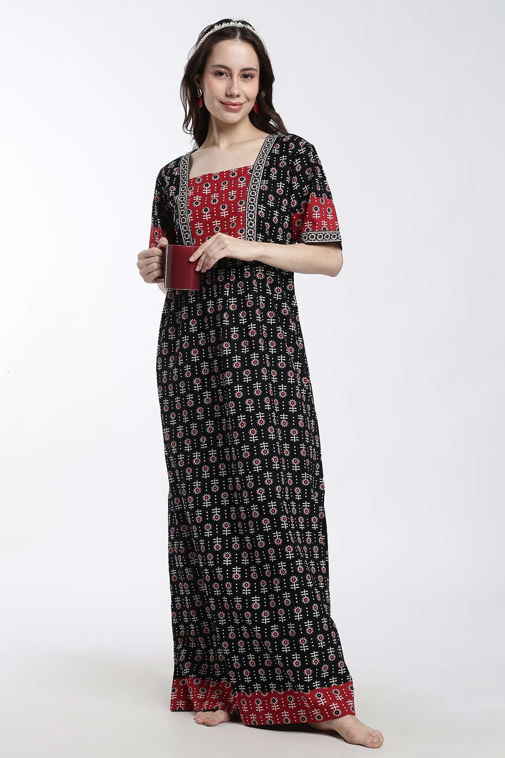 Naidu Hall Women’s Cotton Printed Nighty – Full Length Box Neck Sleepwear with Gathered Yoke & Patchwork Detail
- NB49