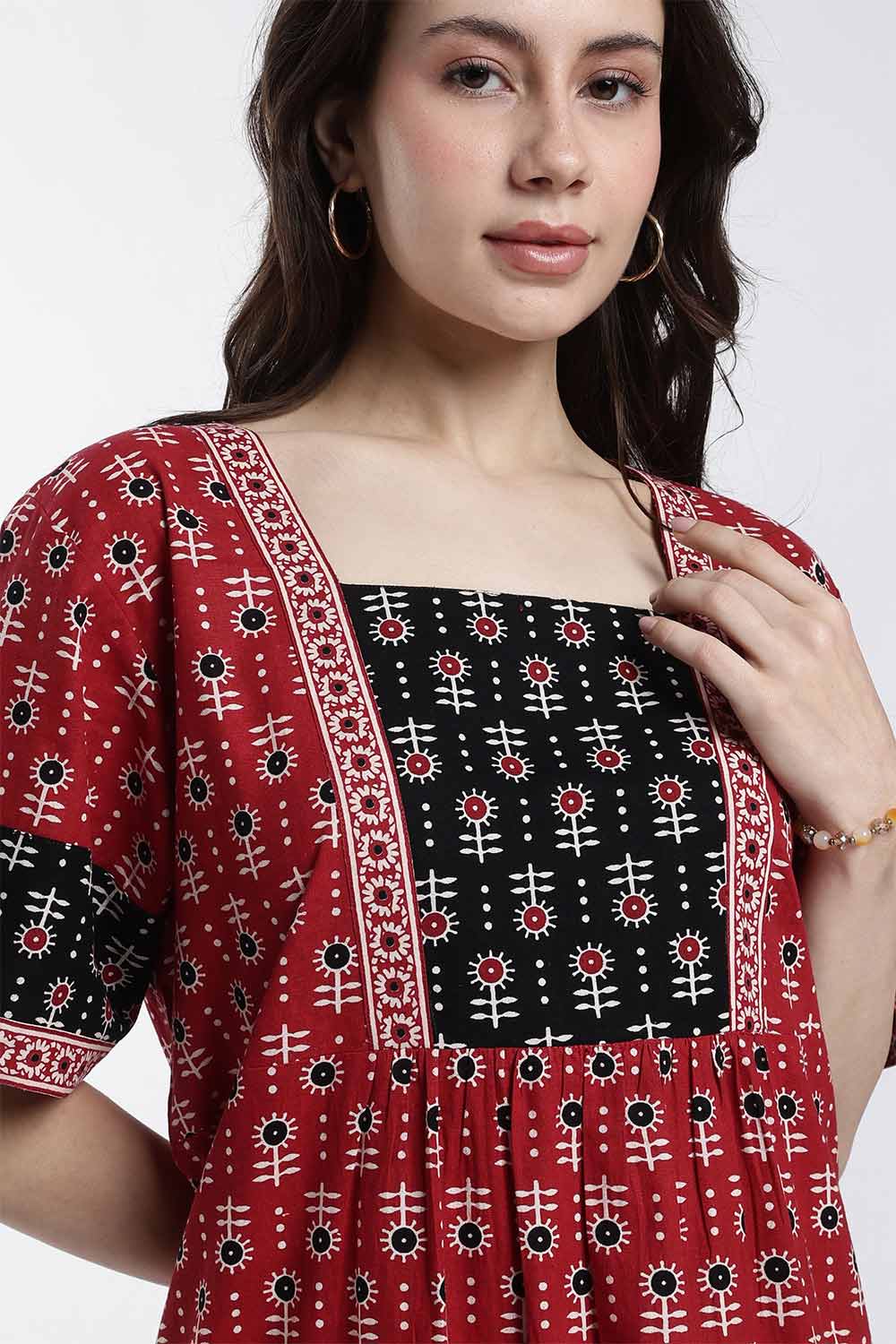 Naidu Hall Women’s Cotton Printed Nighty – Full Length Box Neck Sleepwear with Gathered Yoke & Patchwork Detail
- NB49