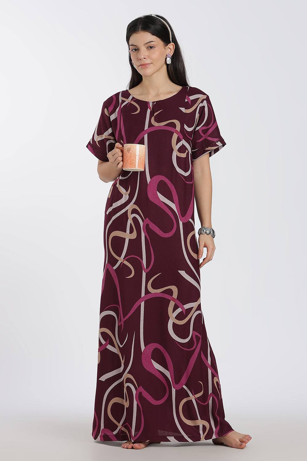 Naidu Hall Printed Cotton Nighty for Women – Full Length Relaxed Fit Sleepwear with Keyhole Neck & Panel Design | Comfortable Daily Wear Nighty
- NF41