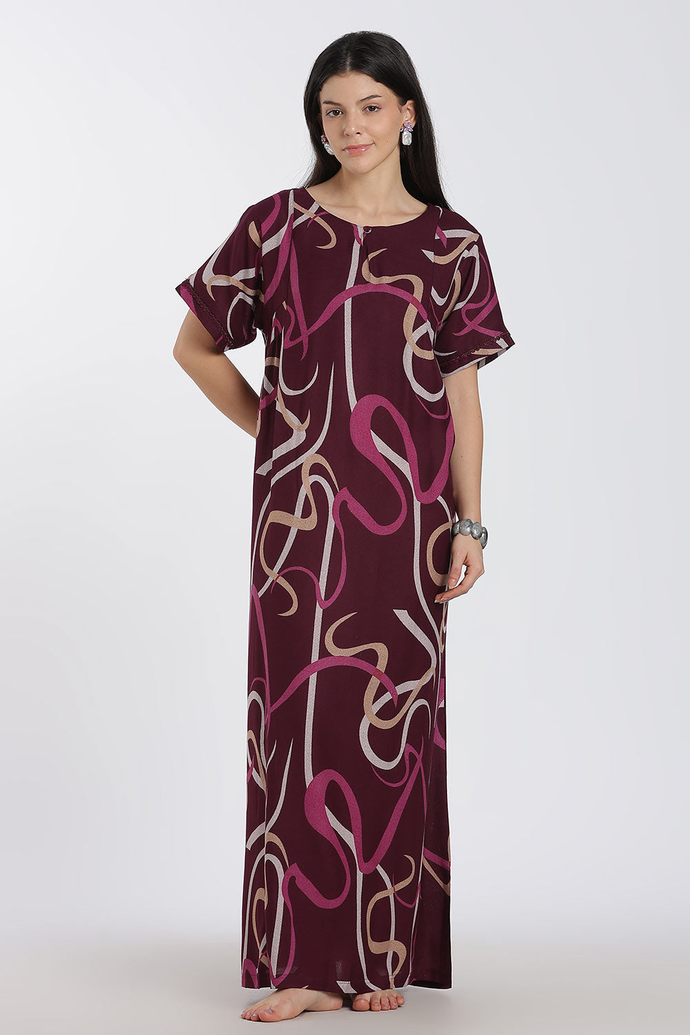 Naidu Hall Printed Cotton Nighty for Women – Full Length Relaxed Fit Sleepwear with Keyhole Neck & Panel Design | Comfortable Daily Wear Nighty
- NF41