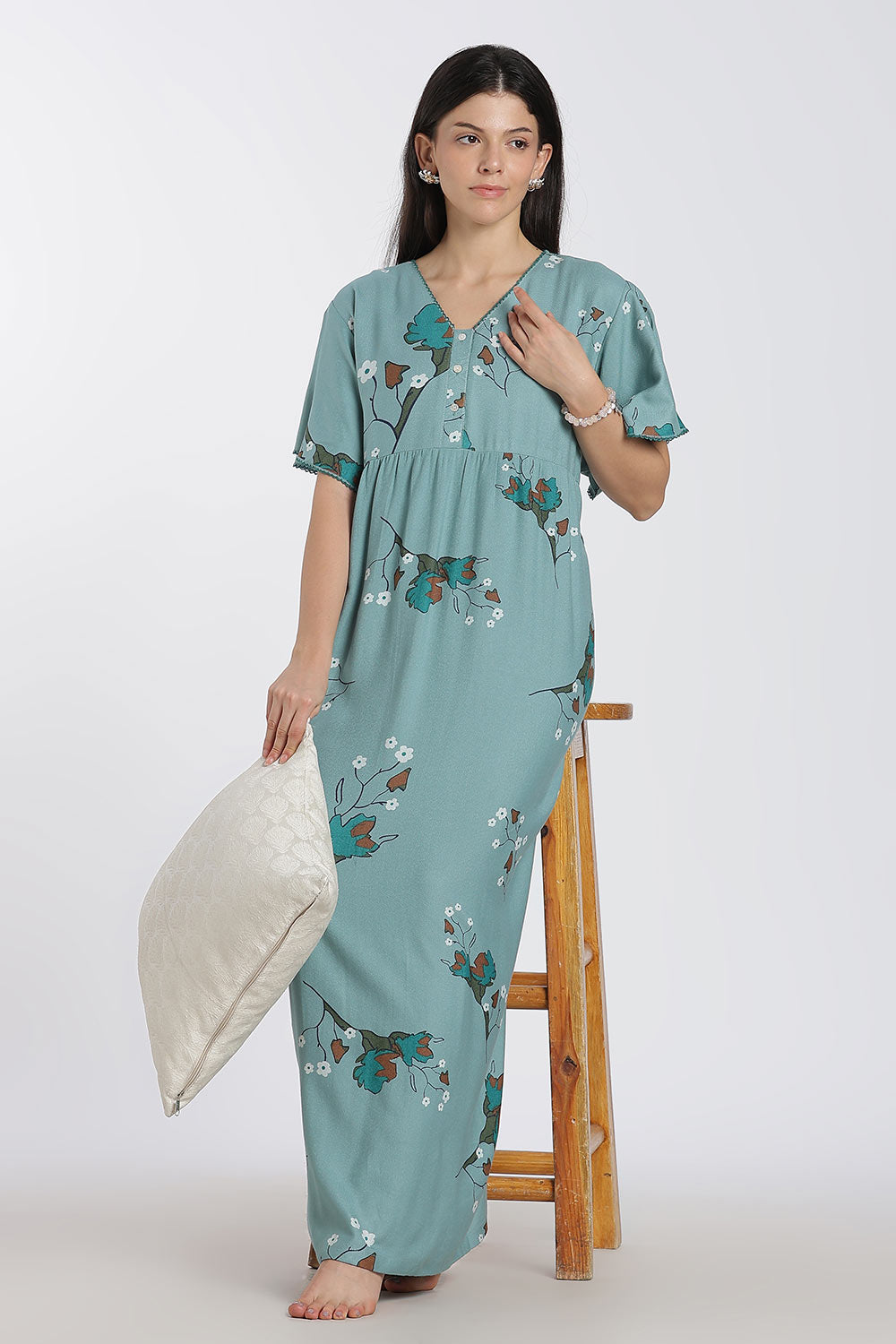 Naidu Hall Printed Cotton Nighty for Women – Full Length Flared Nighty with Lace V-Neck & Button Placket | Comfortable Daily Wear Sleepwear
- NF42