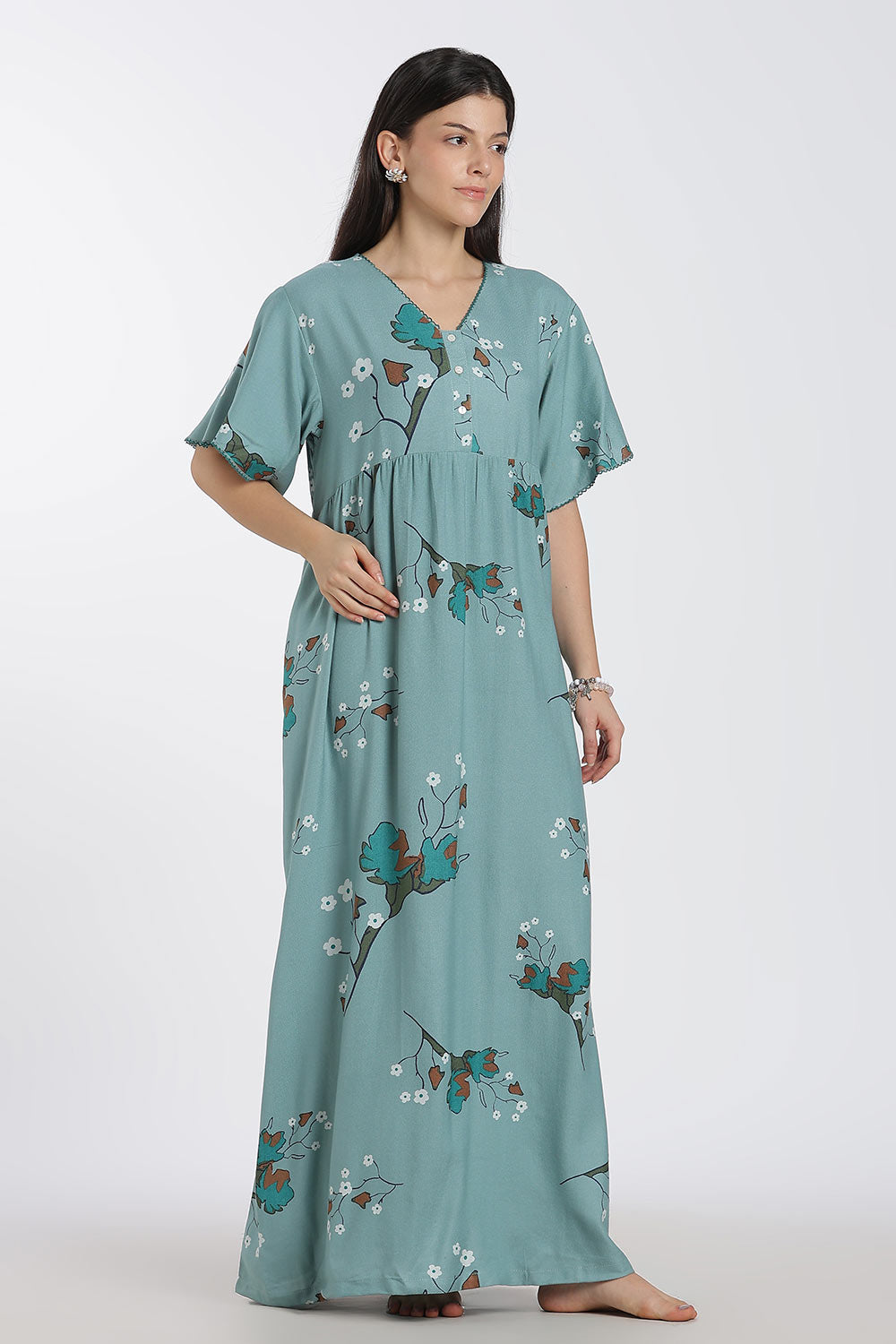 Naidu Hall Printed Cotton Nighty for Women – Full Length Flared Nighty with Lace V-Neck & Button Placket | Comfortable Daily Wear Sleepwear
- NF42