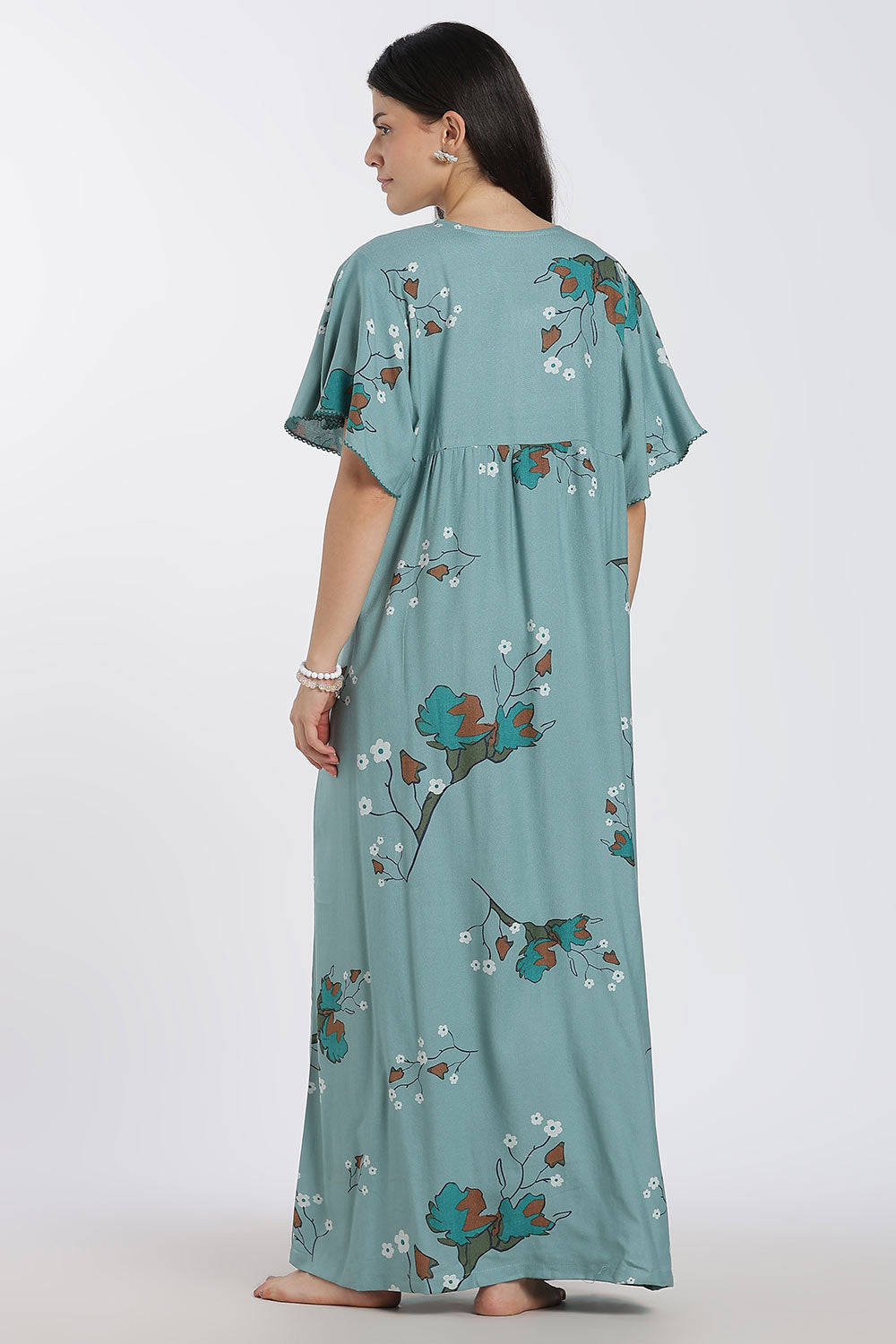 Naidu Hall Printed Cotton Nighty for Women – Full Length Flared Nighty with Lace V-Neck & Button Placket | Comfortable Daily Wear Sleepwear
- NF42