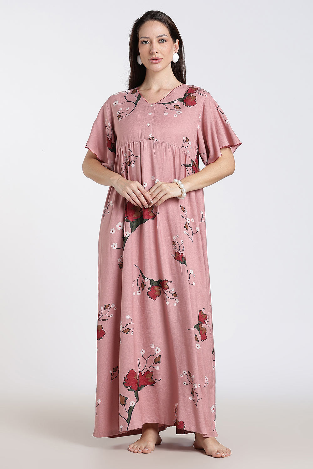 Naidu Hall Printed Cotton Nighty for Women – Full Length Flared Nighty with Lace V-Neck & Button Placket | Comfortable Daily Wear Sleepwear
- NF42