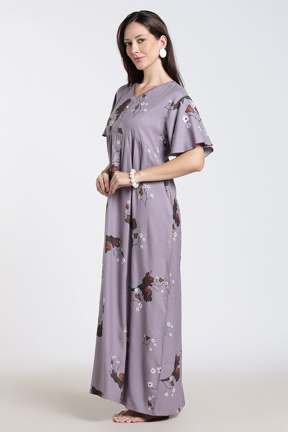 Naidu Hall Printed Cotton Nighty for Women – Full Length Flared Nighty with Lace V-Neck & Button Placket | Comfortable Daily Wear Sleepwear
- NF42