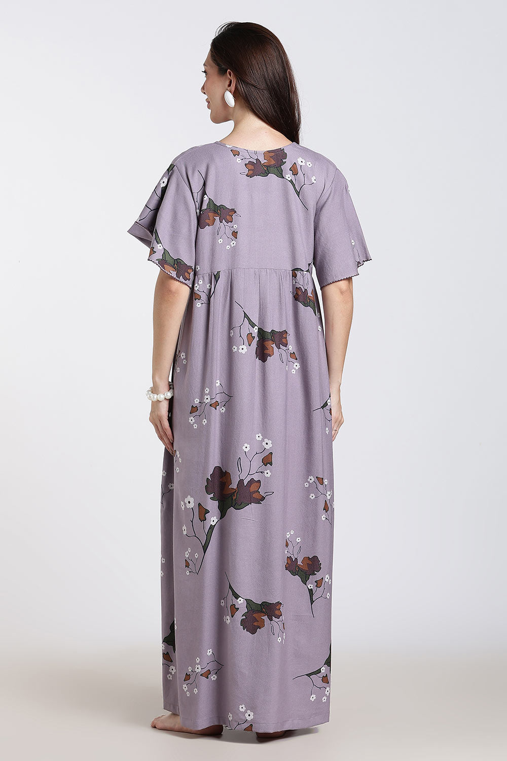 Naidu Hall Printed Cotton Nighty for Women – Full Length Flared Nighty with Lace V-Neck & Button Placket | Comfortable Daily Wear Sleepwear
- NF42