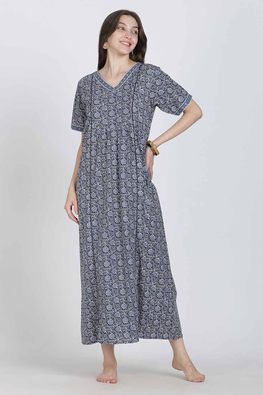 Naidu Hall Women’s Full-Length Printed Cotton Blend Nighty | V-Neck, Elbow Sleeves, A-Line Fit
- NB09