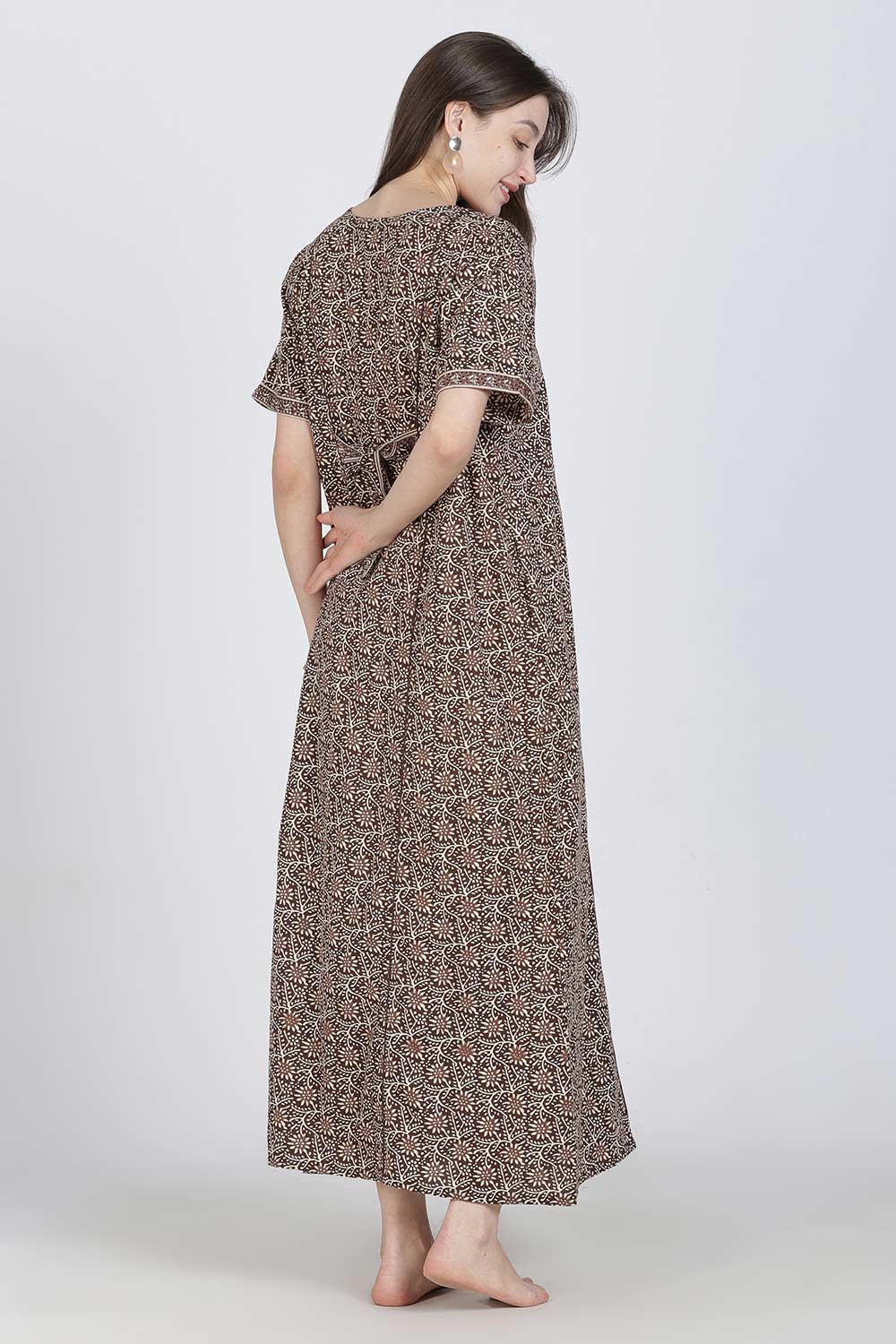 Naidu Hall Women’s Full-Length Printed Cotton Blend Nighty | V-Neck, Elbow Sleeves, A-Line Fit
- NB09