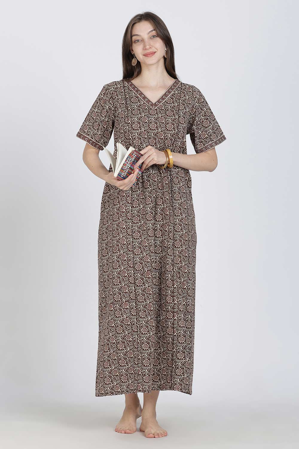 Naidu Hall Women’s Full-Length Printed Cotton Blend Nighty | V-Neck, Elbow Sleeves, A-Line Fit
- NB09