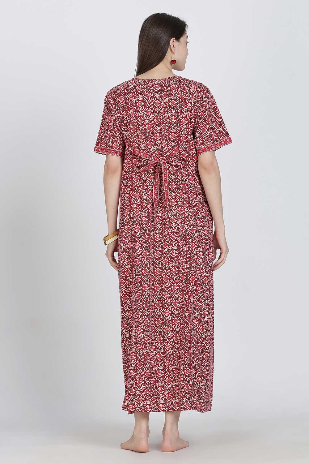 Naidu Hall Women’s Full-Length Printed Cotton Blend Nighty | V-Neck, Elbow Sleeves, A-Line Fit
- NB09