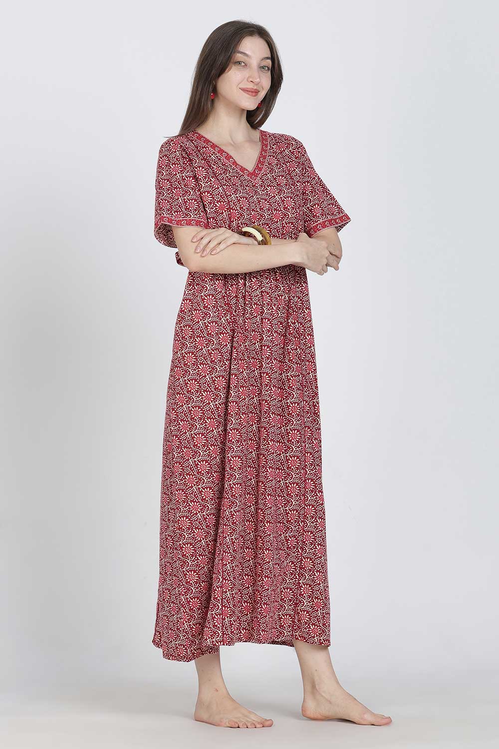 Naidu Hall Women’s Full-Length Printed Cotton Blend Nighty | V-Neck, Elbow Sleeves, A-Line Fit
- NB09