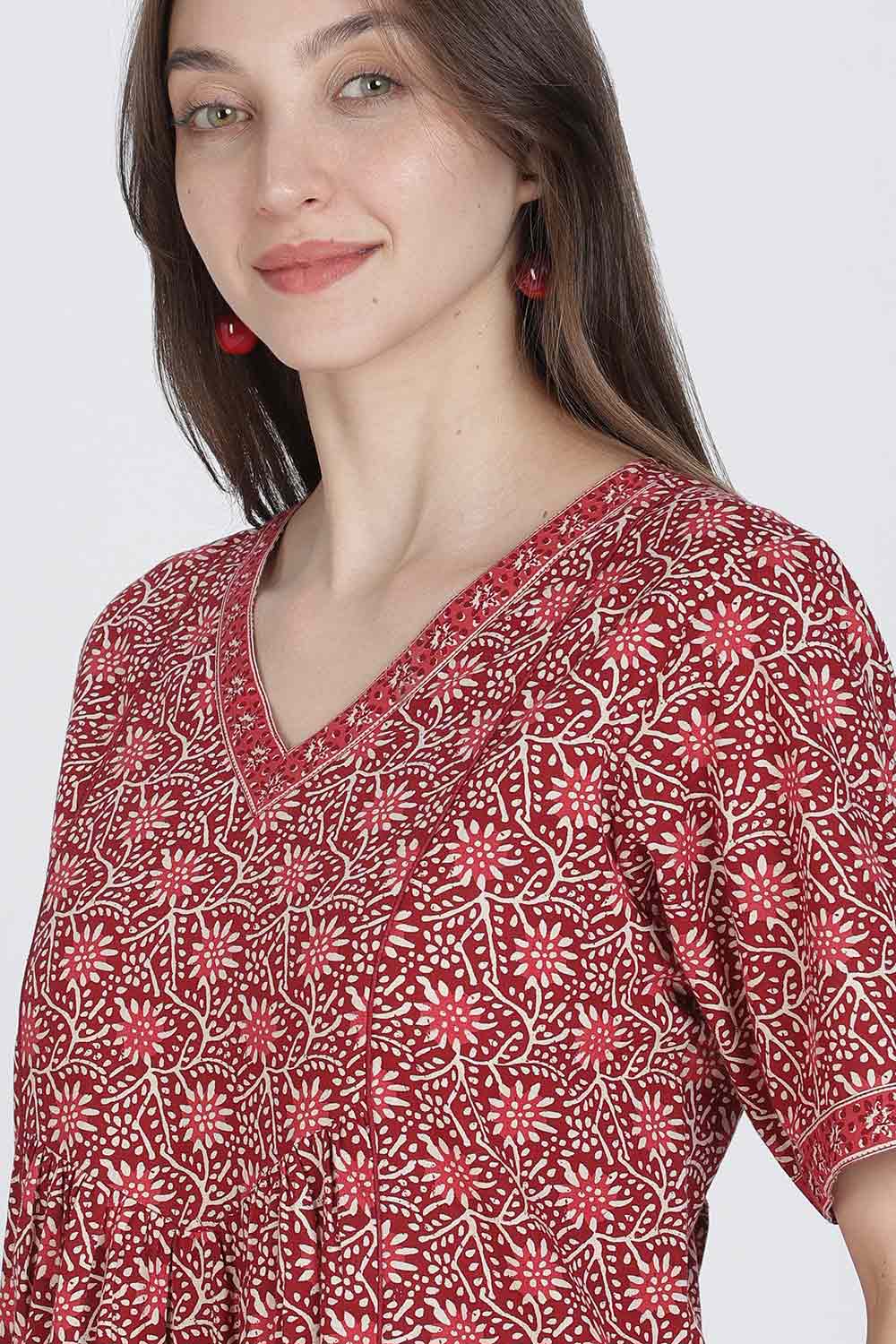 Naidu Hall Women’s Full-Length Printed Cotton Blend Nighty | V-Neck, Elbow Sleeves, A-Line Fit
- NB09