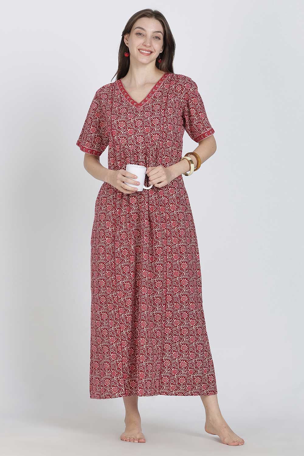 Naidu Hall Women’s Full-Length Printed Cotton Blend Nighty | V-Neck, Elbow Sleeves, A-Line Fit
- NB09