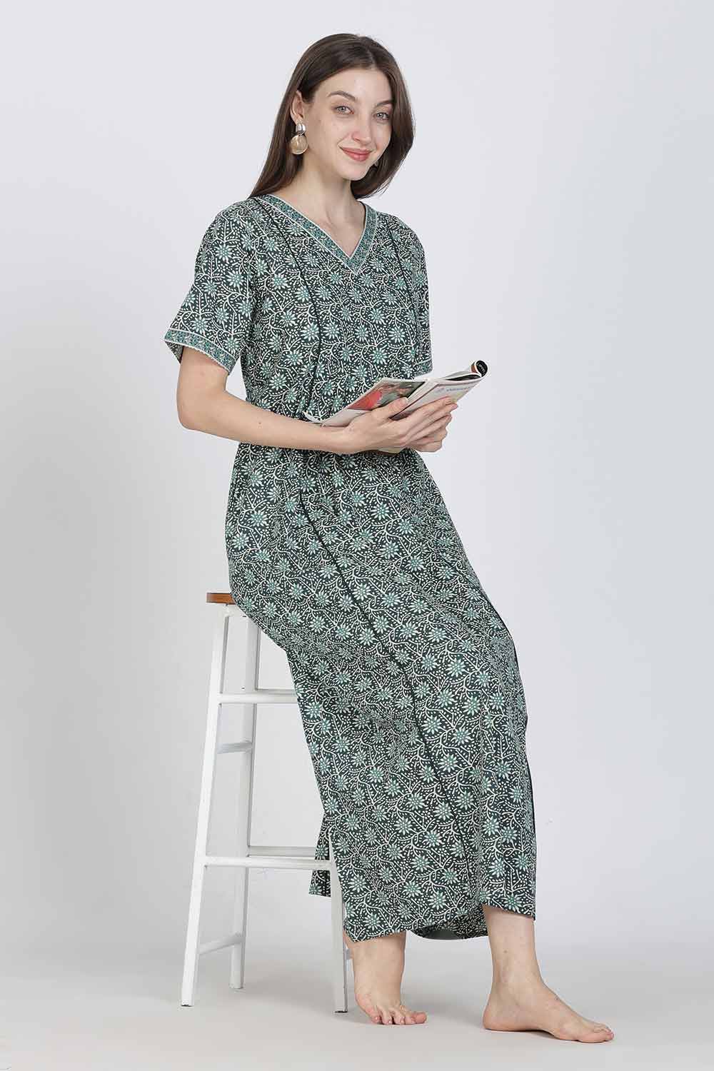 Naidu Hall Women’s Full-Length Printed Cotton Blend Nighty | V-Neck, Elbow Sleeves, A-Line Fit
- NB09