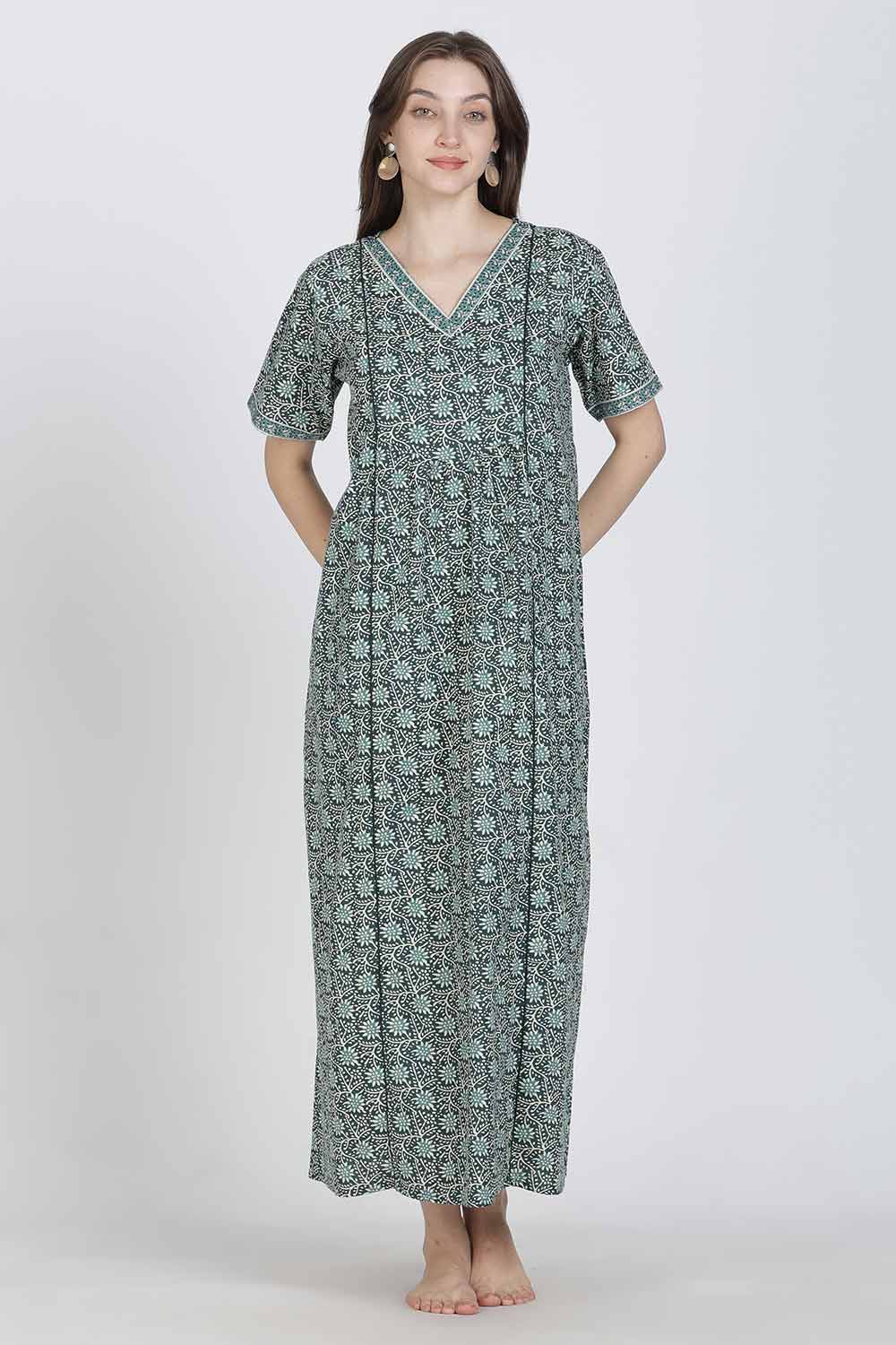 Naidu Hall Women’s Full-Length Printed Cotton Blend Nighty | V-Neck, Elbow Sleeves, A-Line Fit
- NB09