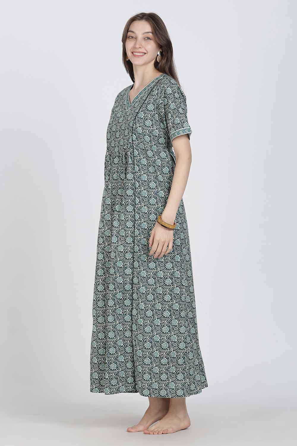 Naidu Hall Women’s Full-Length Printed Cotton Blend Nighty | V-Neck, Elbow Sleeves, A-Line Fit
- NB09