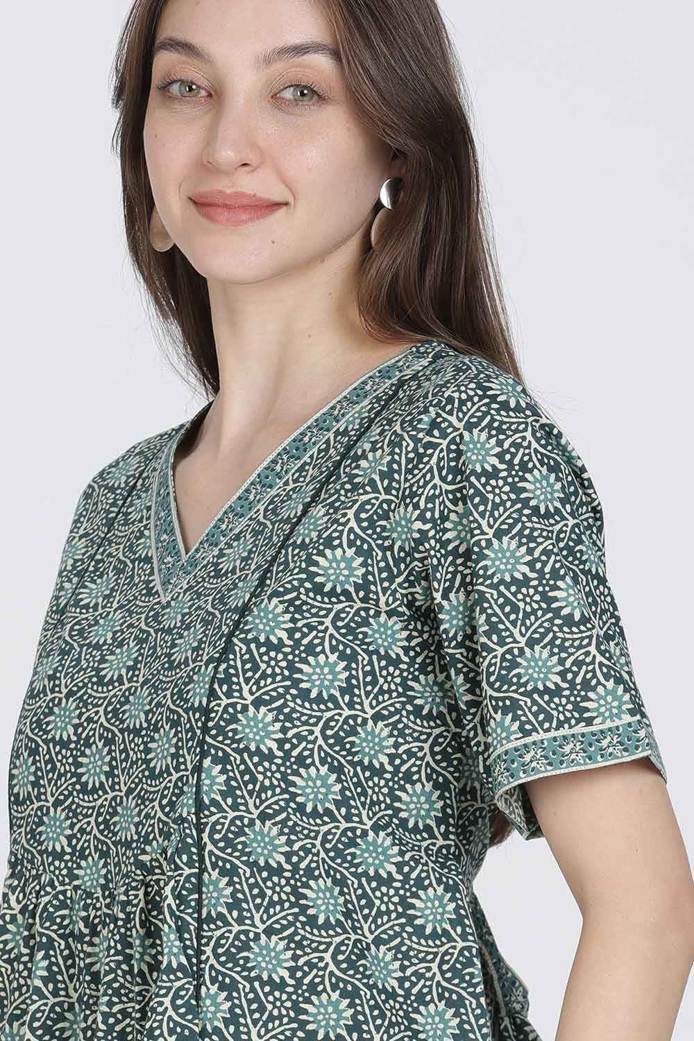 Naidu Hall Women’s Full-Length Printed Cotton Blend Nighty | V-Neck, Elbow Sleeves, A-Line Fit
- NB09