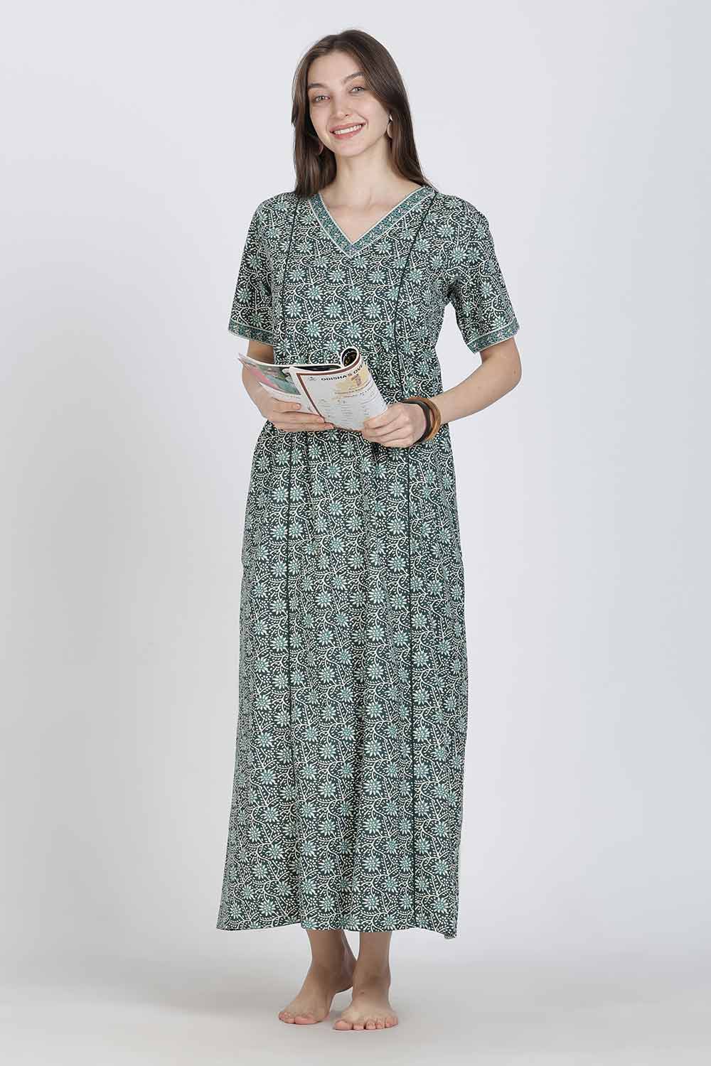 Naidu Hall Women’s Full-Length Printed Cotton Blend Nighty | V-Neck, Elbow Sleeves, A-Line Fit
- NB09