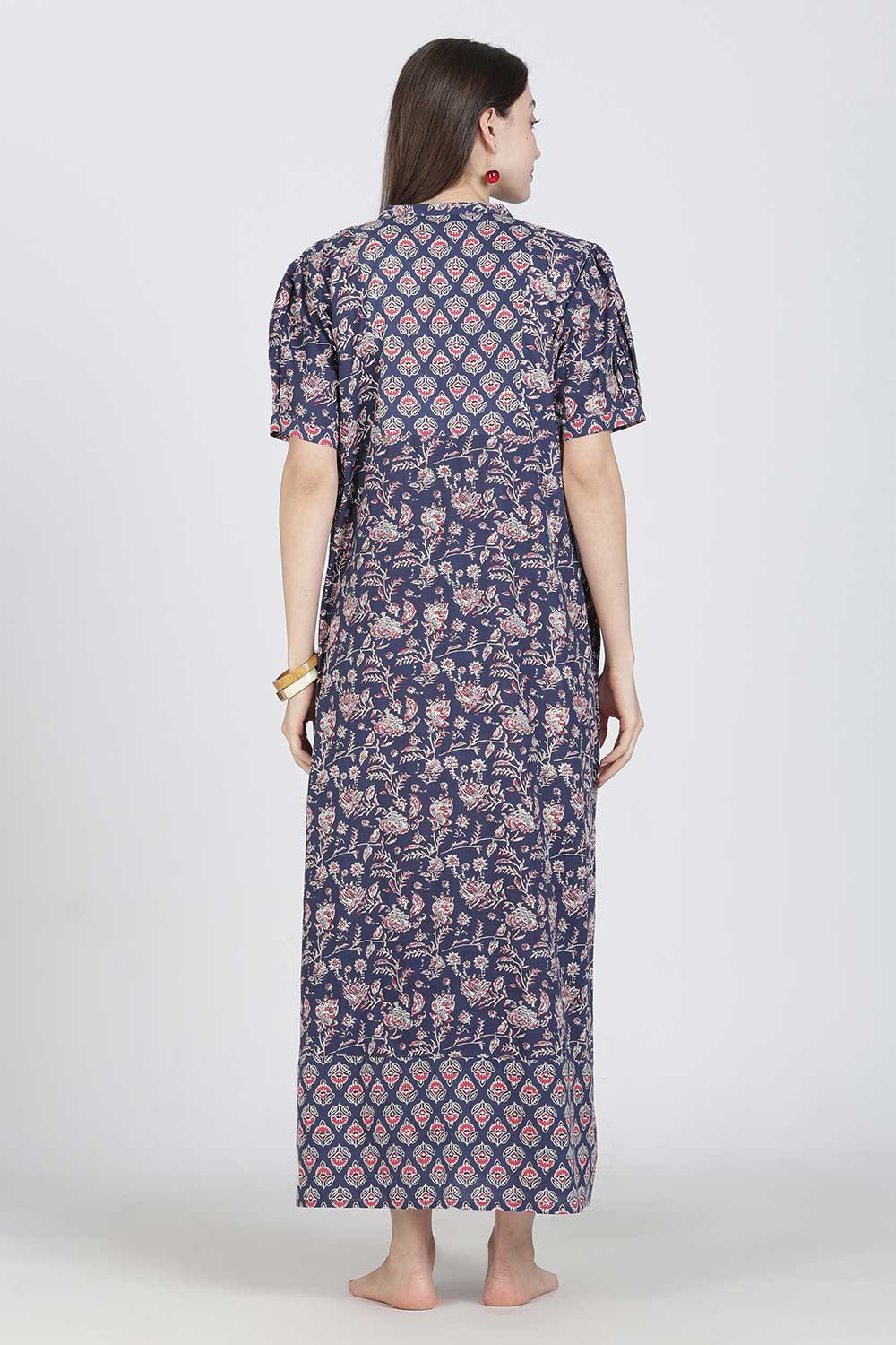 Naidu Hall Women’s Full-Length Cotton Blend Nighty | V-Neck Mandarin Collar, Puff Sleeves, Floral Print
- NB12