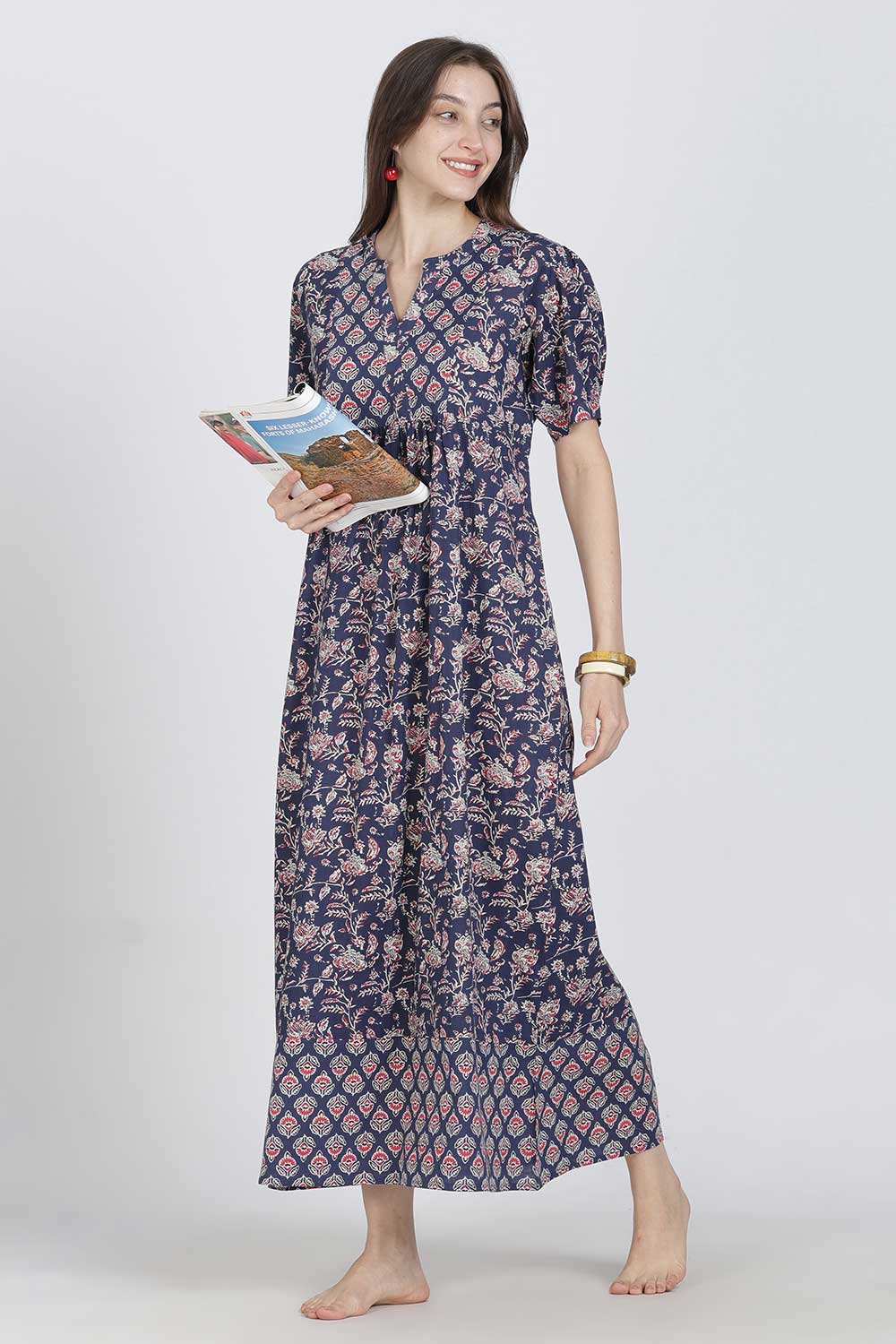 Naidu Hall Women’s Full-Length Cotton Blend Nighty | V-Neck Mandarin Collar, Puff Sleeves, Floral Print
- NB12