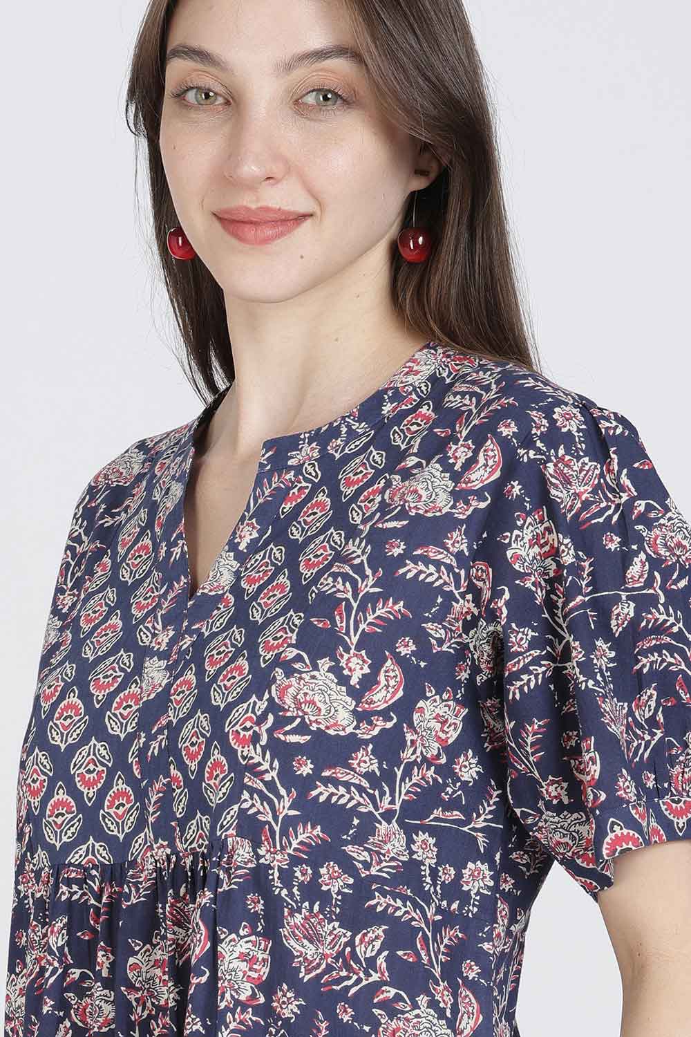Naidu Hall Women’s Full-Length Cotton Blend Nighty | V-Neck Mandarin Collar, Puff Sleeves, Floral Print
- NB12