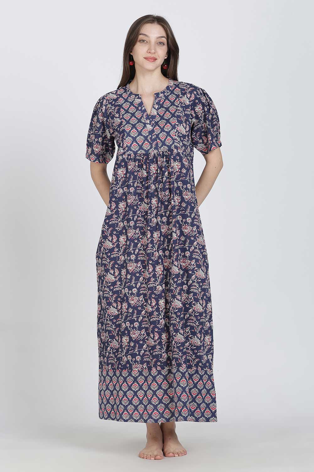 Naidu Hall Women’s Full-Length Cotton Blend Nighty | V-Neck Mandarin Collar, Puff Sleeves, Floral Print
- NB12