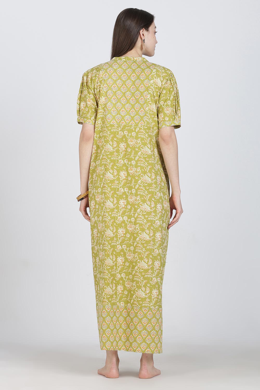 Naidu Hall Women’s Full-Length Cotton Blend Nighty | V-Neck Mandarin Collar, Puff Sleeves, Floral Print
- NB12