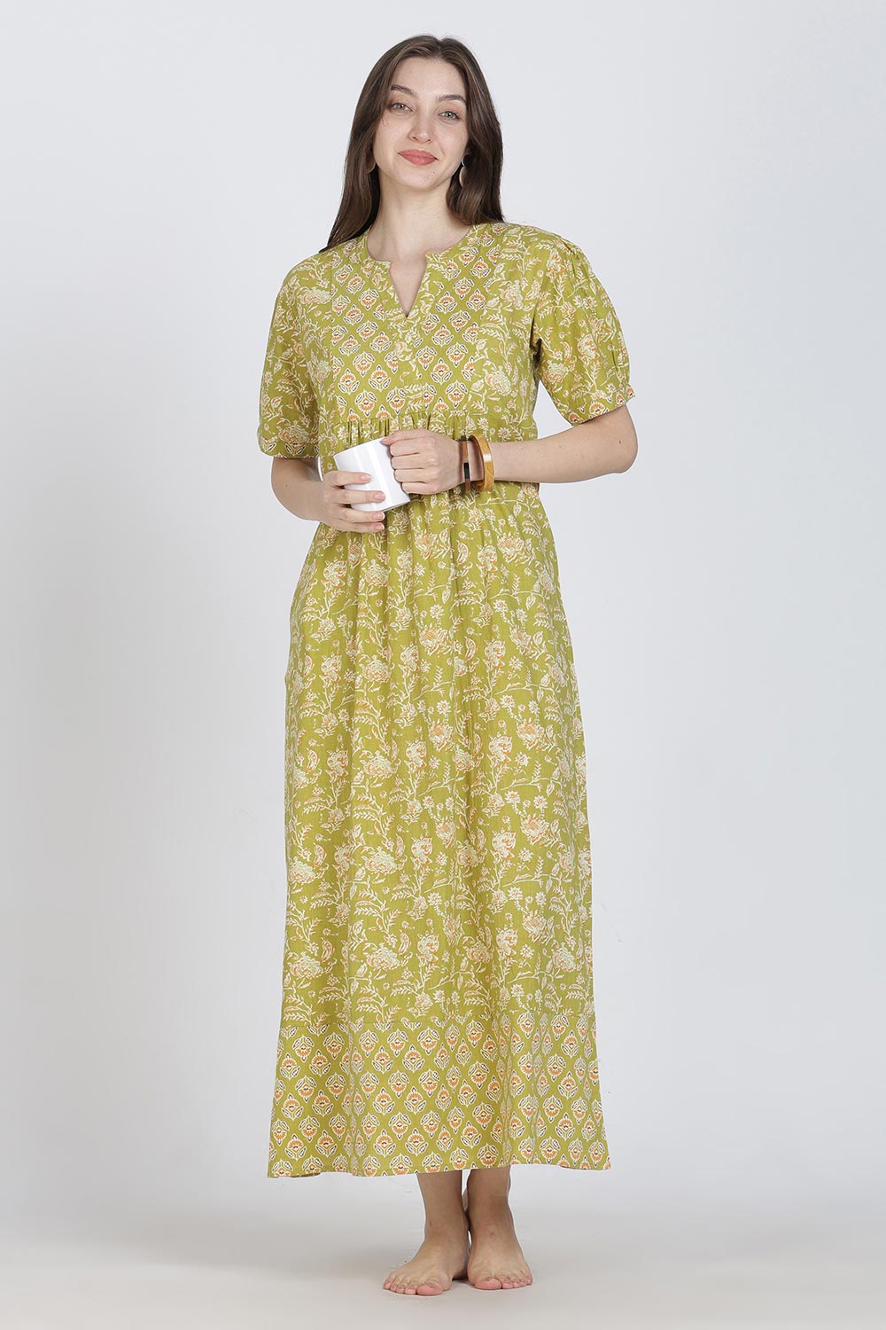 Naidu Hall Women’s Full-Length Cotton Blend Nighty | V-Neck Mandarin Collar, Puff Sleeves, Floral Print
- NB12