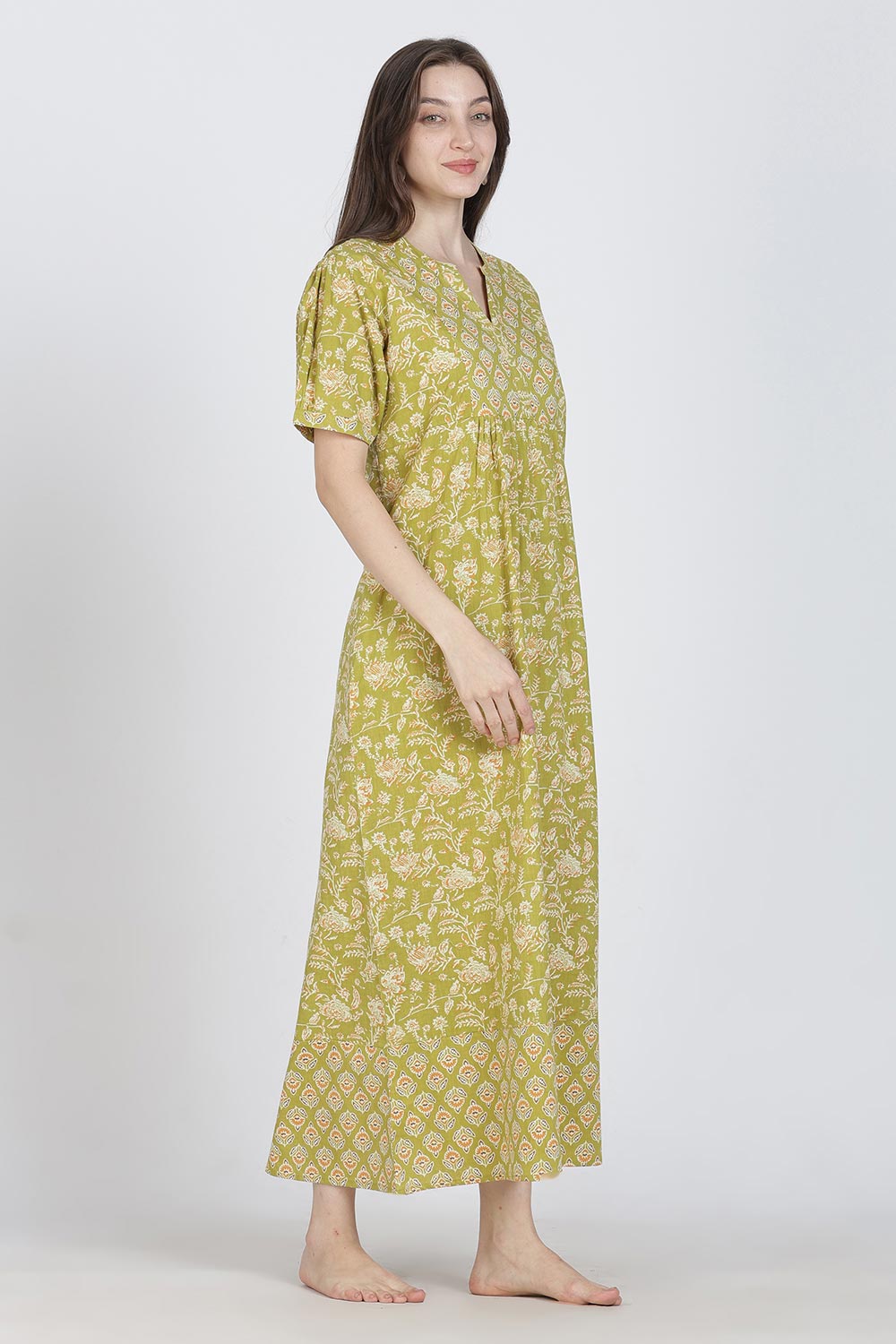 Naidu Hall Women’s Full-Length Cotton Blend Nighty | V-Neck Mandarin Collar, Puff Sleeves, Floral Print
- NB12