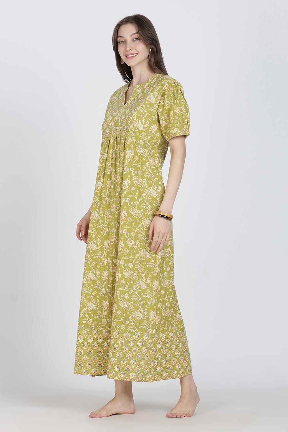 Naidu Hall Women’s Full-Length Cotton Blend Nighty | V-Neck Mandarin Collar, Puff Sleeves, Floral Print
- NB12