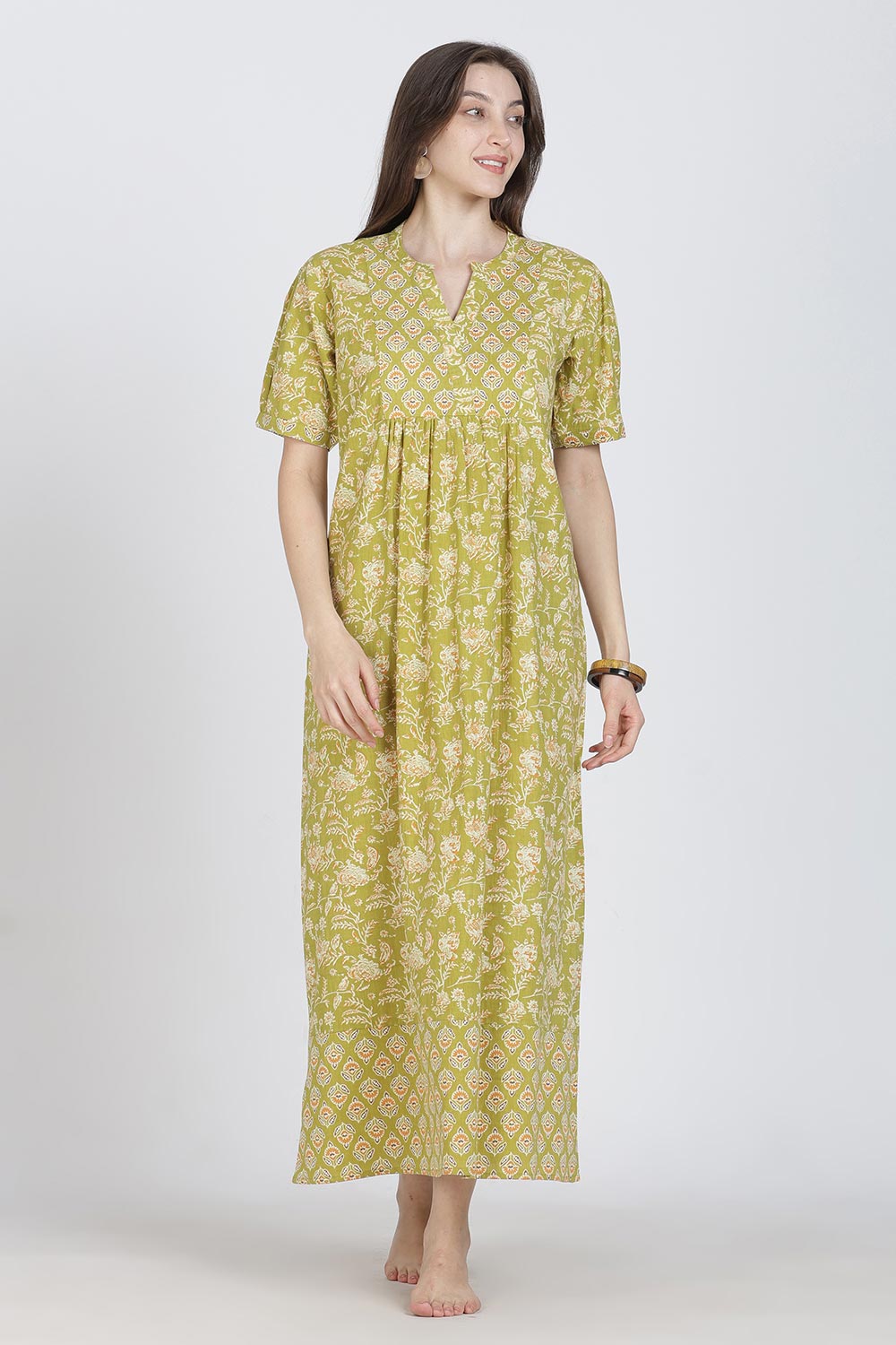 Naidu Hall Women’s Full-Length Cotton Blend Nighty | V-Neck Mandarin Collar, Puff Sleeves, Floral Print
- NB12