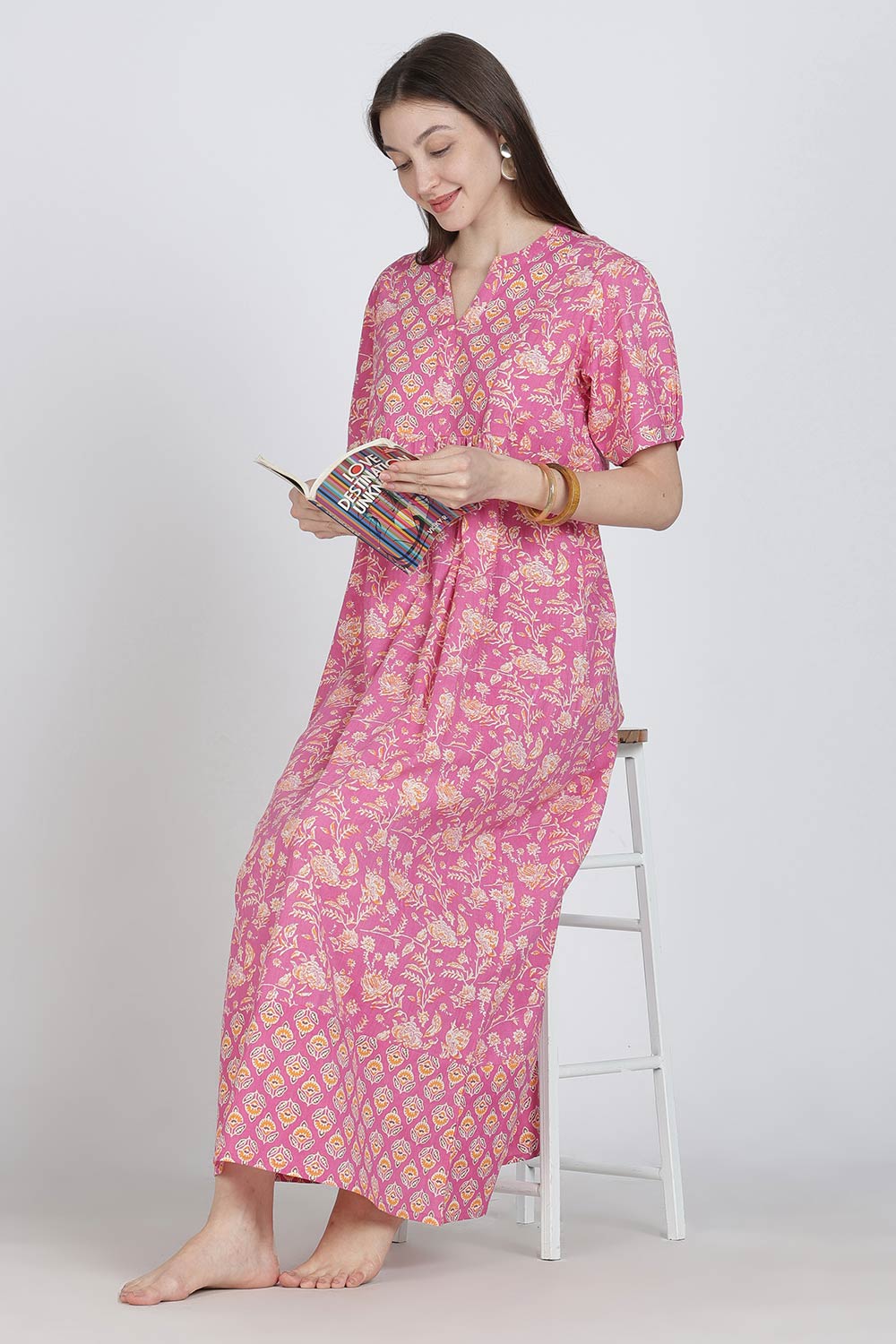 Naidu Hall Women’s Full-Length Cotton Blend Nighty | V-Neck Mandarin Collar, Puff Sleeves, Floral Print
- NB12