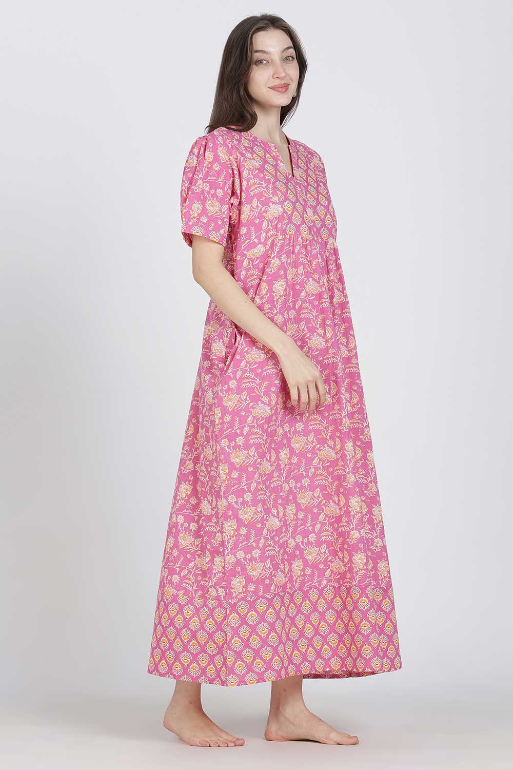 Naidu Hall Women’s Full-Length Cotton Blend Nighty | V-Neck Mandarin Collar, Puff Sleeves, Floral Print
- NB12