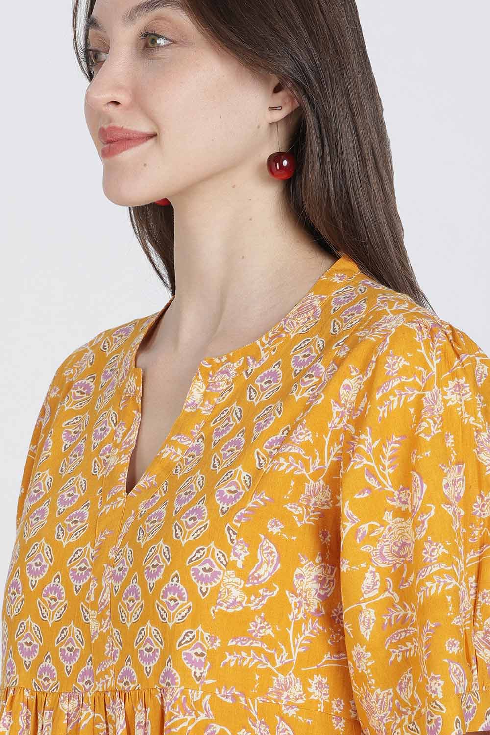 Naidu Hall Women’s Full-Length Cotton Blend Nighty | V-Neck Mandarin Collar, Puff Sleeves, Floral Print
- NB12