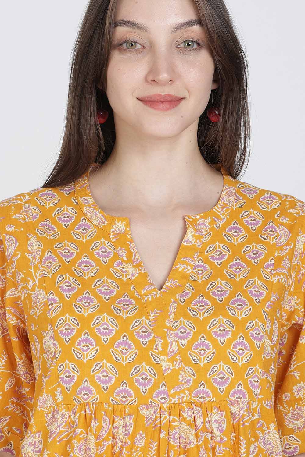 Naidu Hall Women’s Full-Length Cotton Blend Nighty | V-Neck Mandarin Collar, Puff Sleeves, Floral Print
- NB12