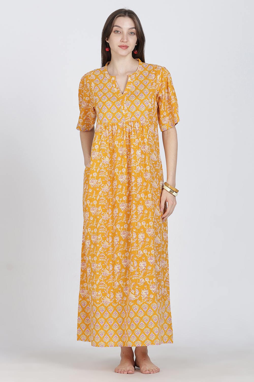 Naidu Hall Women’s Full-Length Cotton Blend Nighty | V-Neck Mandarin Collar, Puff Sleeves, Floral Print
- NB12