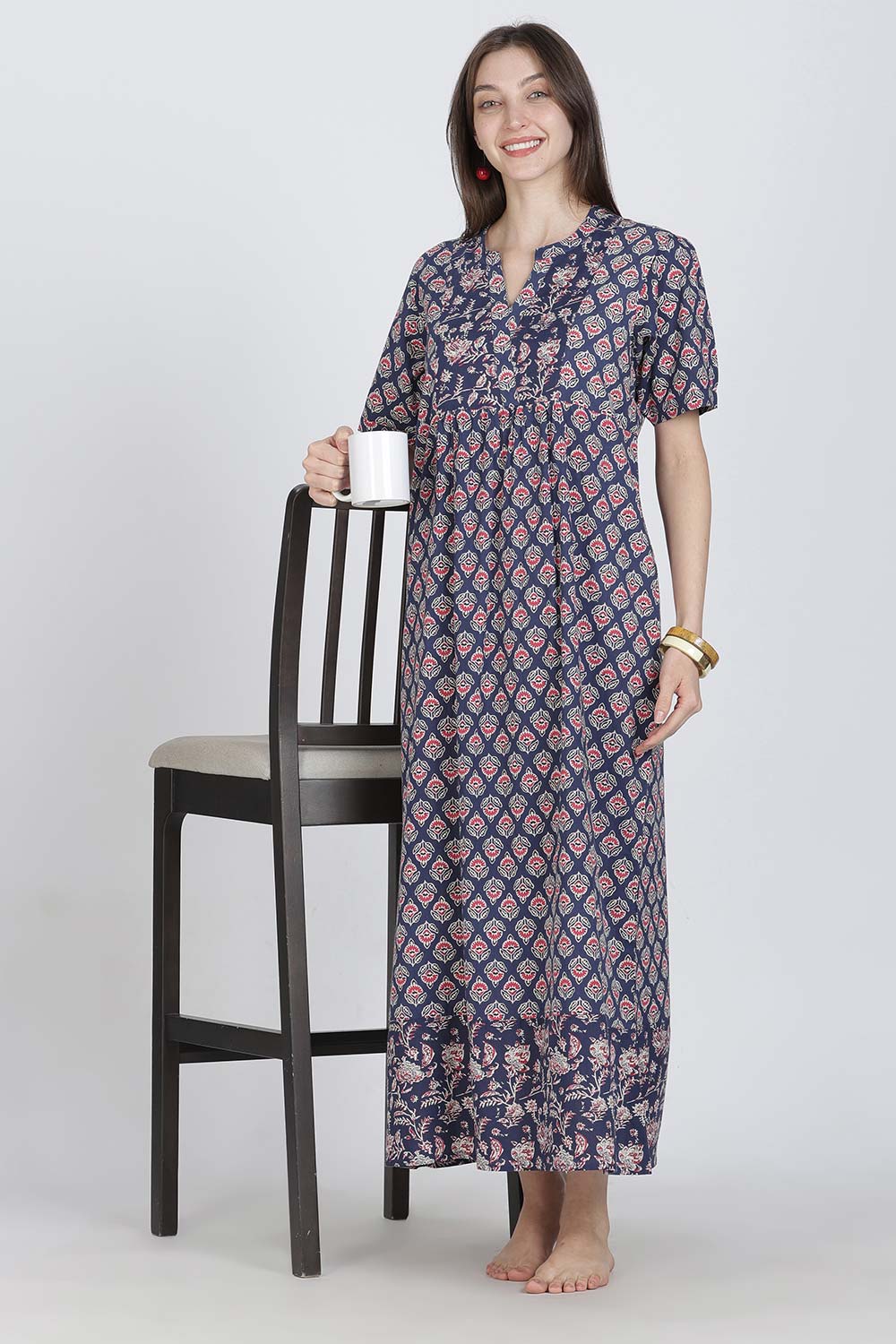 Naidu Hall Women’s Full-Length Cotton Blend Nighty | V-Neck Mandarin Collar, Puff Sleeves, Floral Print
- NB13